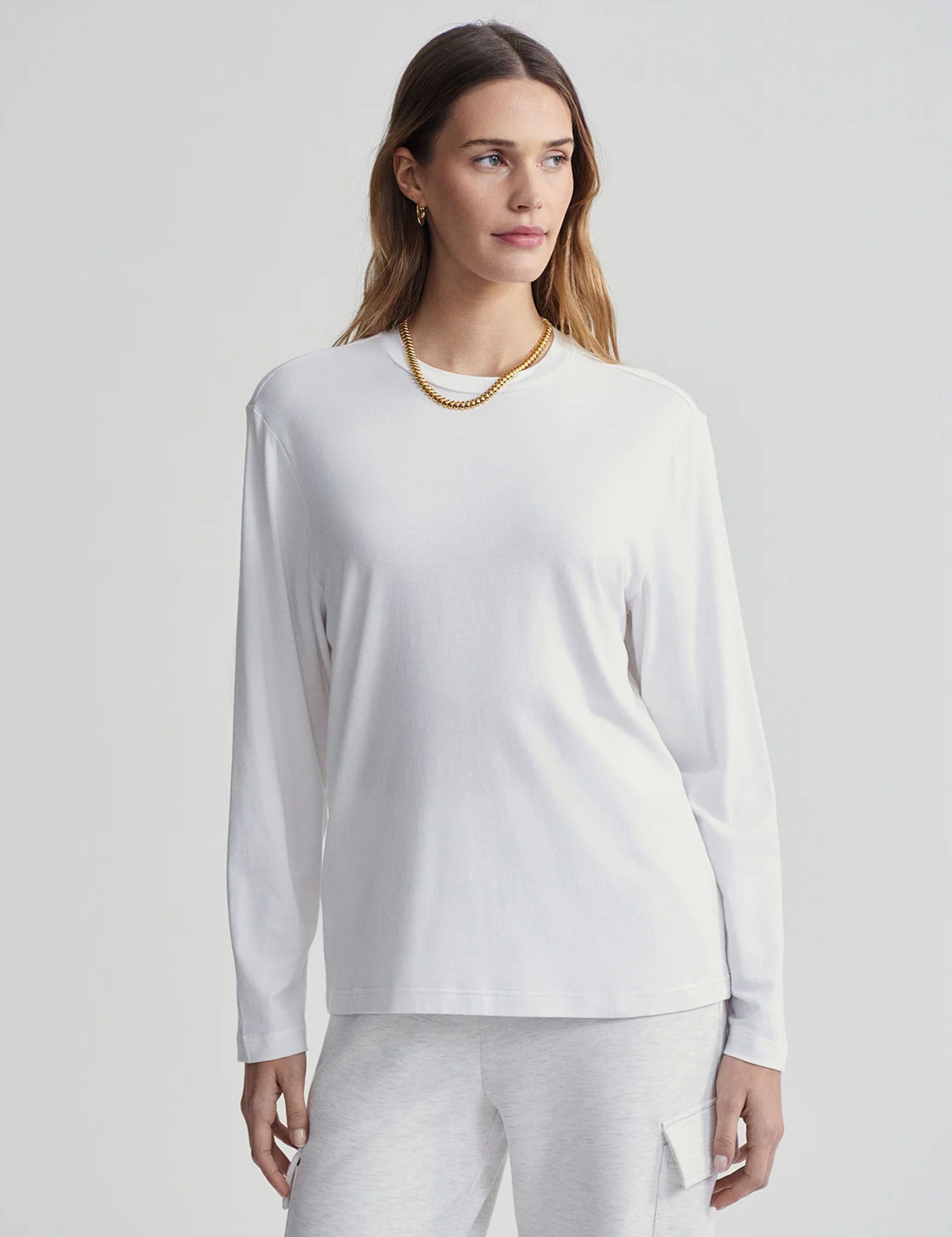 Leah Long Sleeve Boyfriend T-Shirt for Women - Soft Cotton Oversized Casual Top in White - Perfect for Layering, Weekend Outfits & Cozy Loungewear