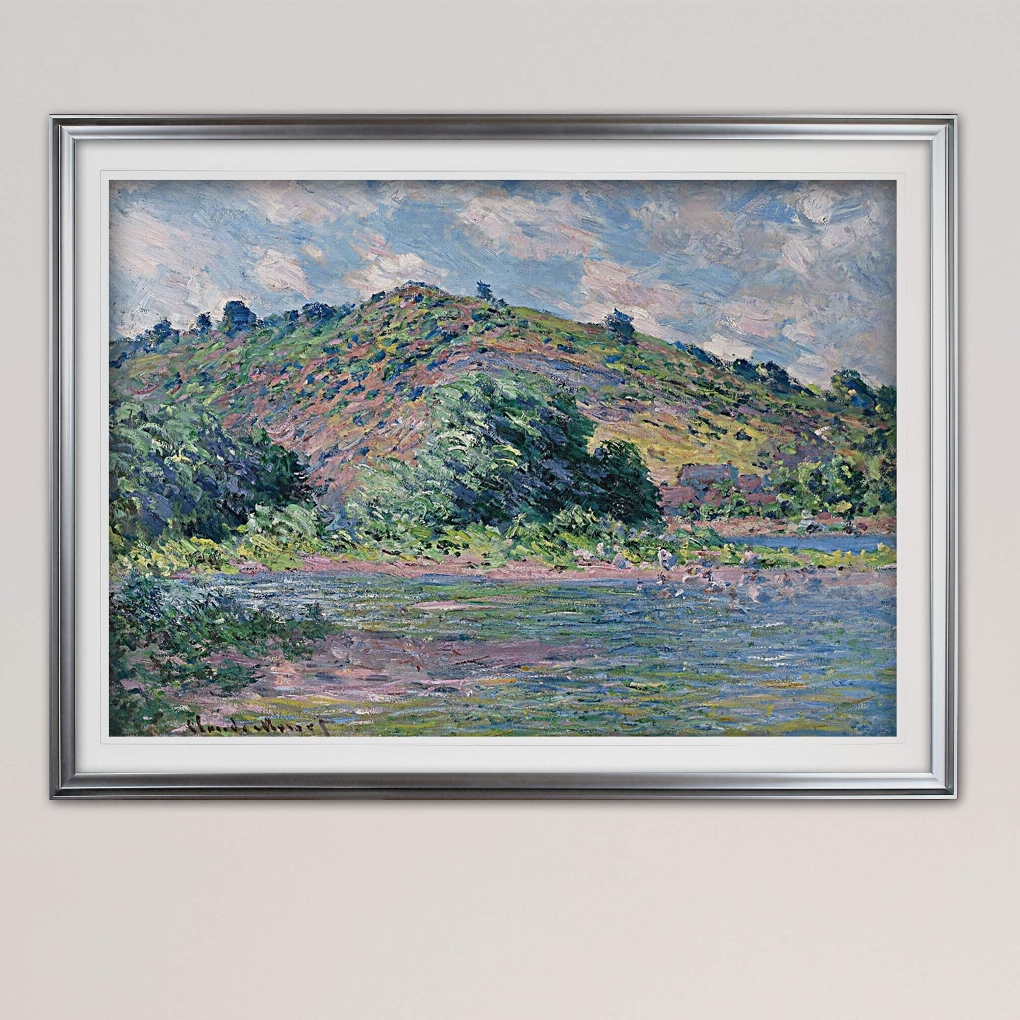 Banks of The Seine Landscape Painting - Framed Giclee Canvas Print, Nature Art Wall Decor for Living Room, Bedroom & Office