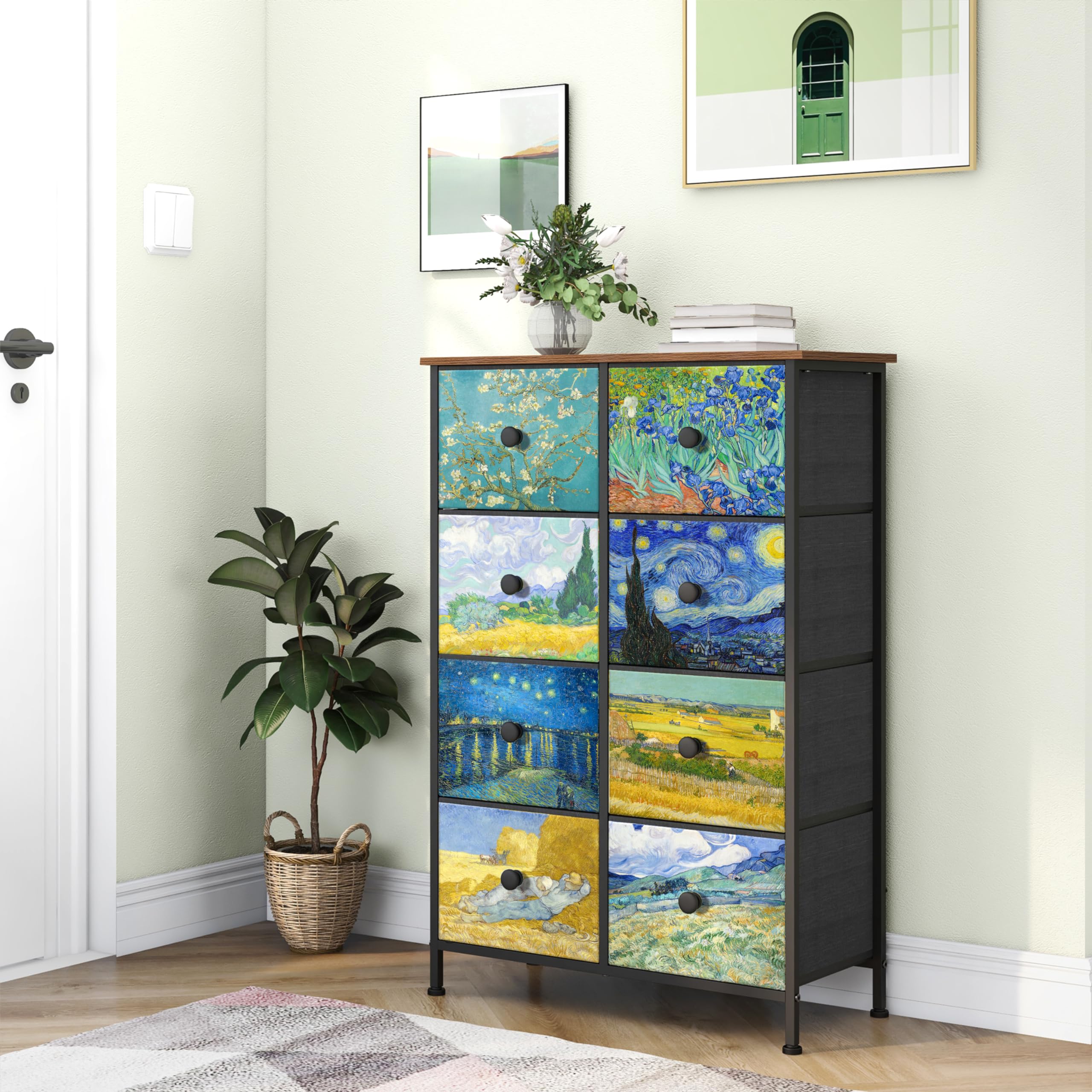 EXOTICA 8-Drawer Tall Dresser for Bedroom - Narrow Van Gogh Chest of Drawers for Hallway, Closet & Living Room - Rustic Brown Wood Grain with Steel Frame - Perfect for Small Spaces & Home Organization