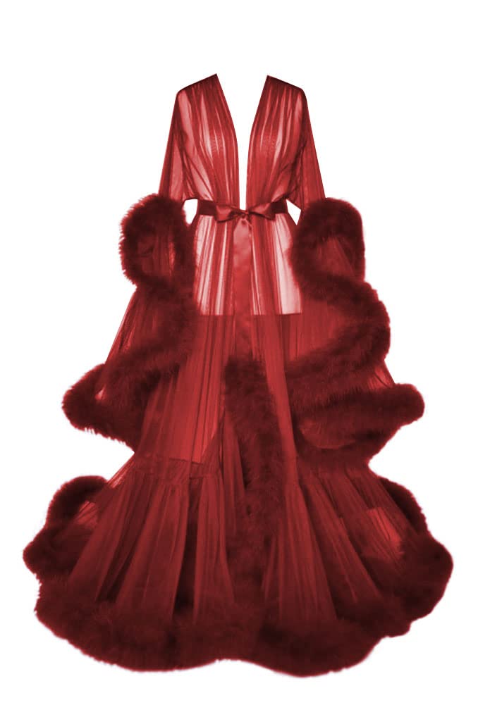 Old Hollywood Feather Bridal Robes for Women - Elegant Long Wedding Scarf Nightgown Bathrobe Sleepwear Tulle Lingerie Robe with Belt - Perfect for Bridal Showers, Wedding Dressing, Honeymoon & Special Occasions