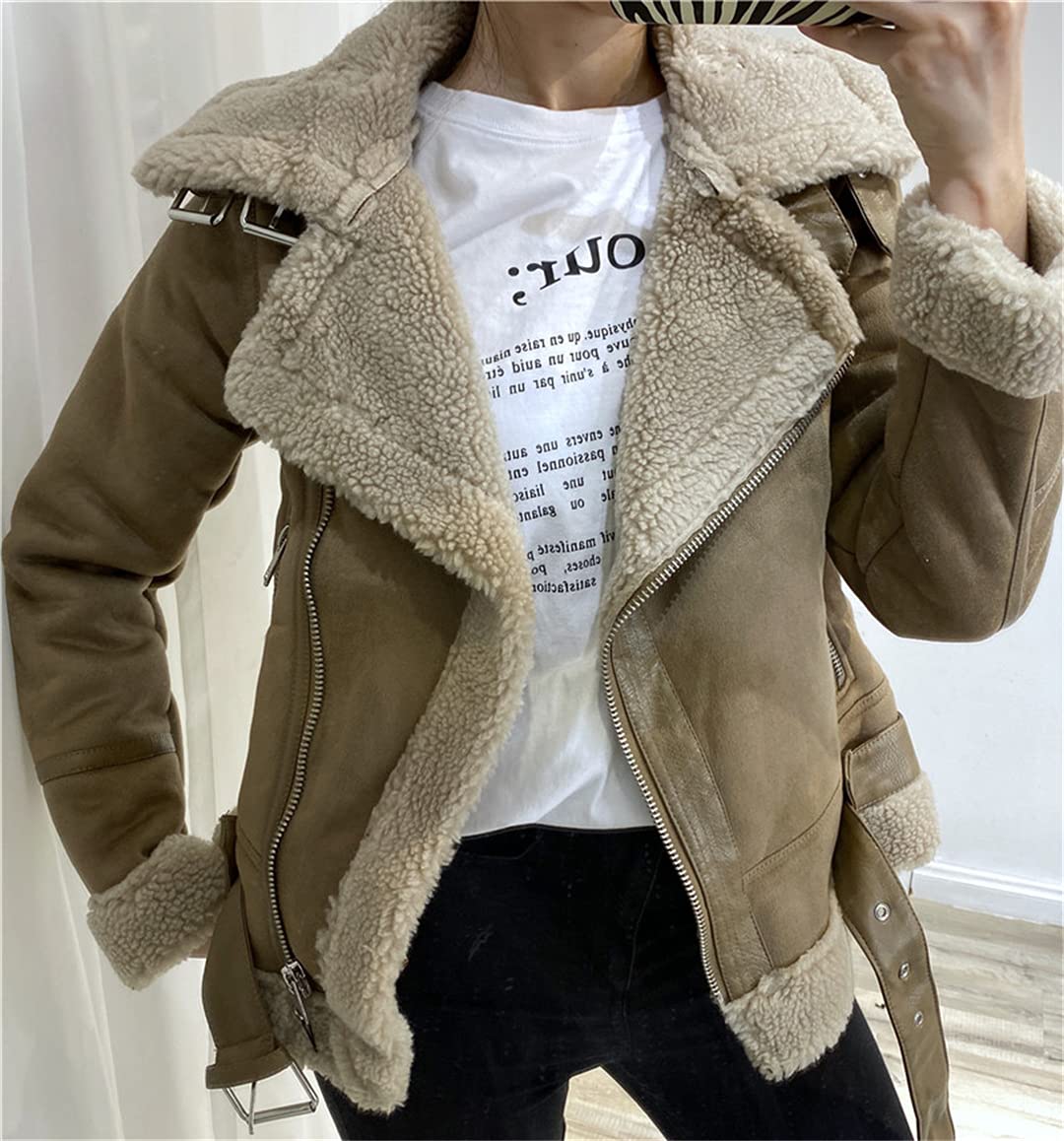 Women's Faux Suede Leather Jacket - Winter Warm Thick Loose Fit Motorcycle Coat with Faux Lamb Wool Lining | Stylish Outerwear for Casual Wear, Biker Outfits & Cold Weather Fashion