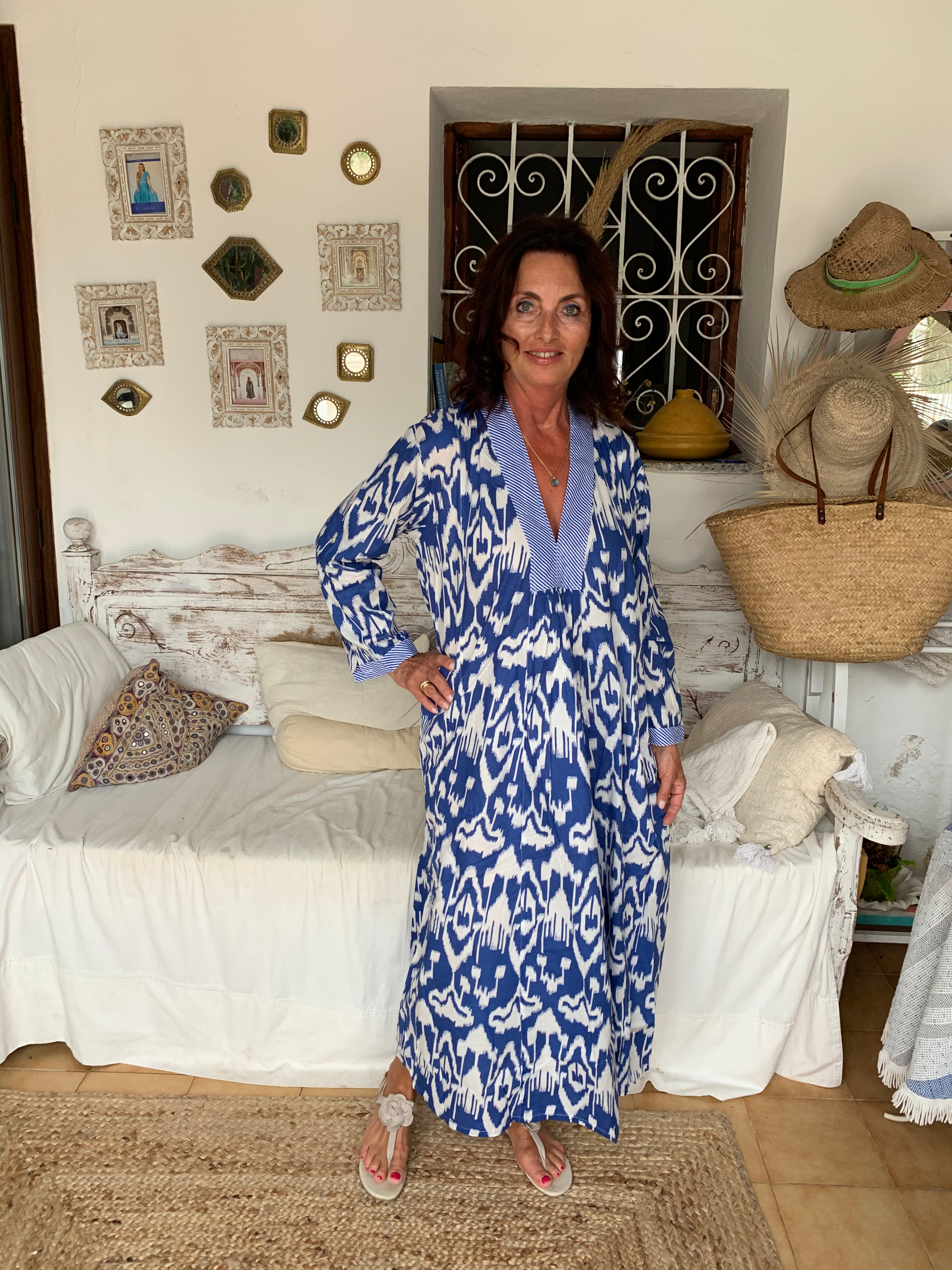 Boho Ikat Indigo Blue and White Long Tunic - Stylish Flowy Women's Top for Beach, Festival & Casual Wear