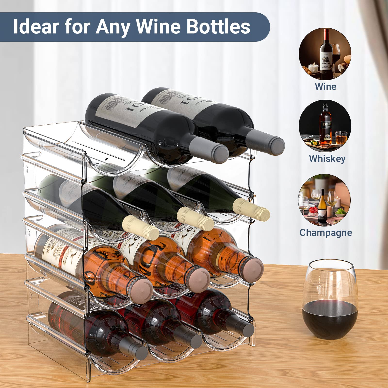 4-Tier Stackable Clear Plastic Water Bottle & Wine Storage Organizer - Holds 12 Containers, Free-Standing for Kitchen Countertops, Tables, Pantry, Bars, Cabinets & Fridge - Perfect for Home Organization & Party Drink Displays