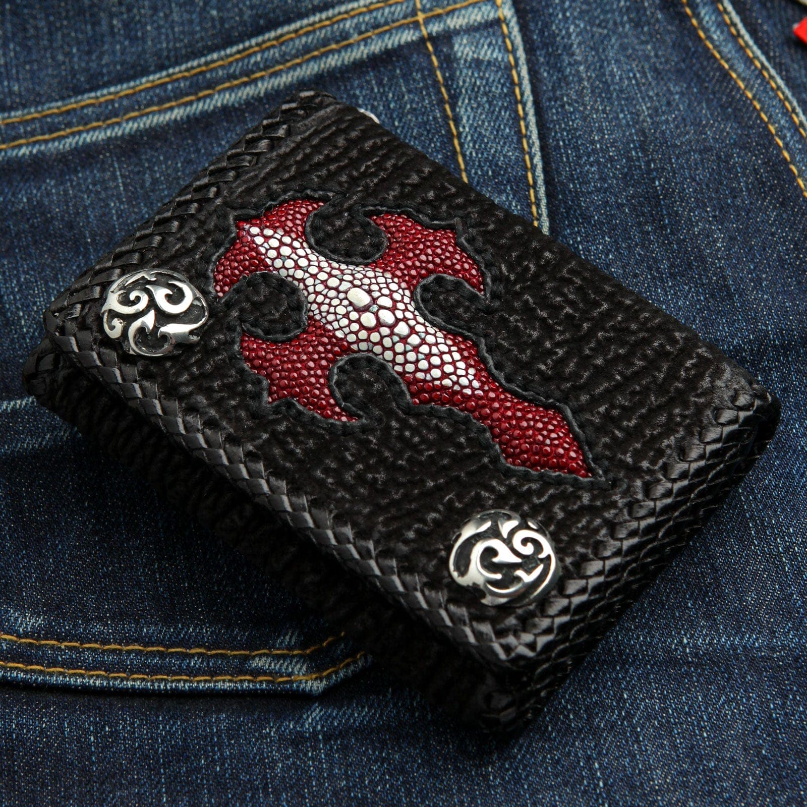 Authentic Red Stingray Leather Biker Wallet for Men - Stylish RFID Blocking Cross Design Motorcycle Wallet for Everyday Use & Travel
