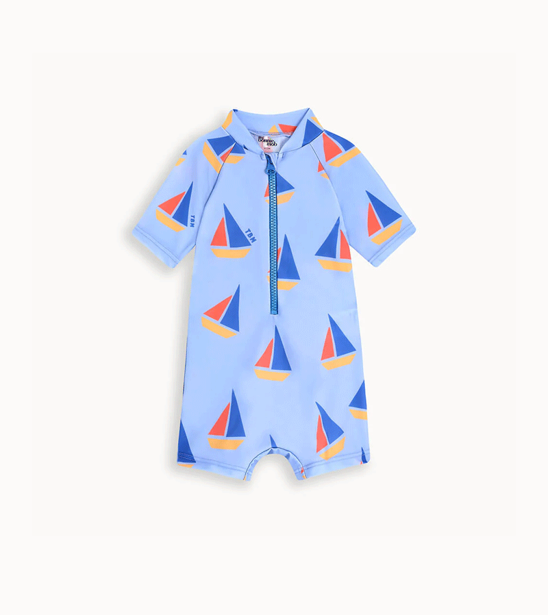 Bonnie Mob Riki Blue Sailboat Baby Swim Rash Guard Suit - UPF 50+ Sun Protection for Beach, Pool & Outdoor Water Activities