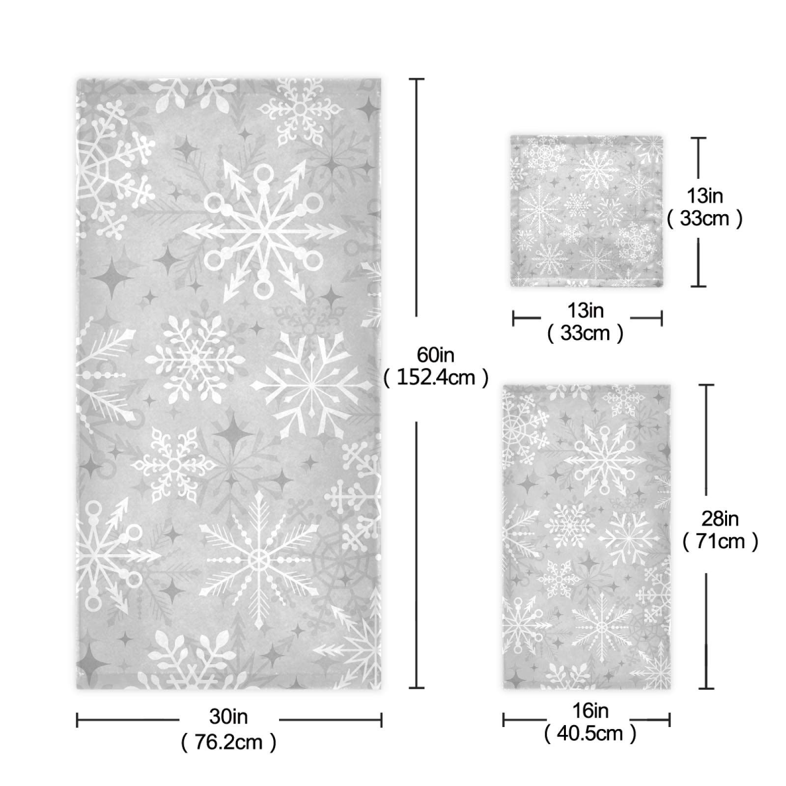 ALAZA Christmas Silver Snowflake Bath Towel Set - 3-Piece Soft Highly Absorbent Towels (1 Bath, 1 Hand, 1 Washcloth) for Bathroom, Kitchen, Beach, Gym & Spa - Holiday Home Decor & Gift Idea