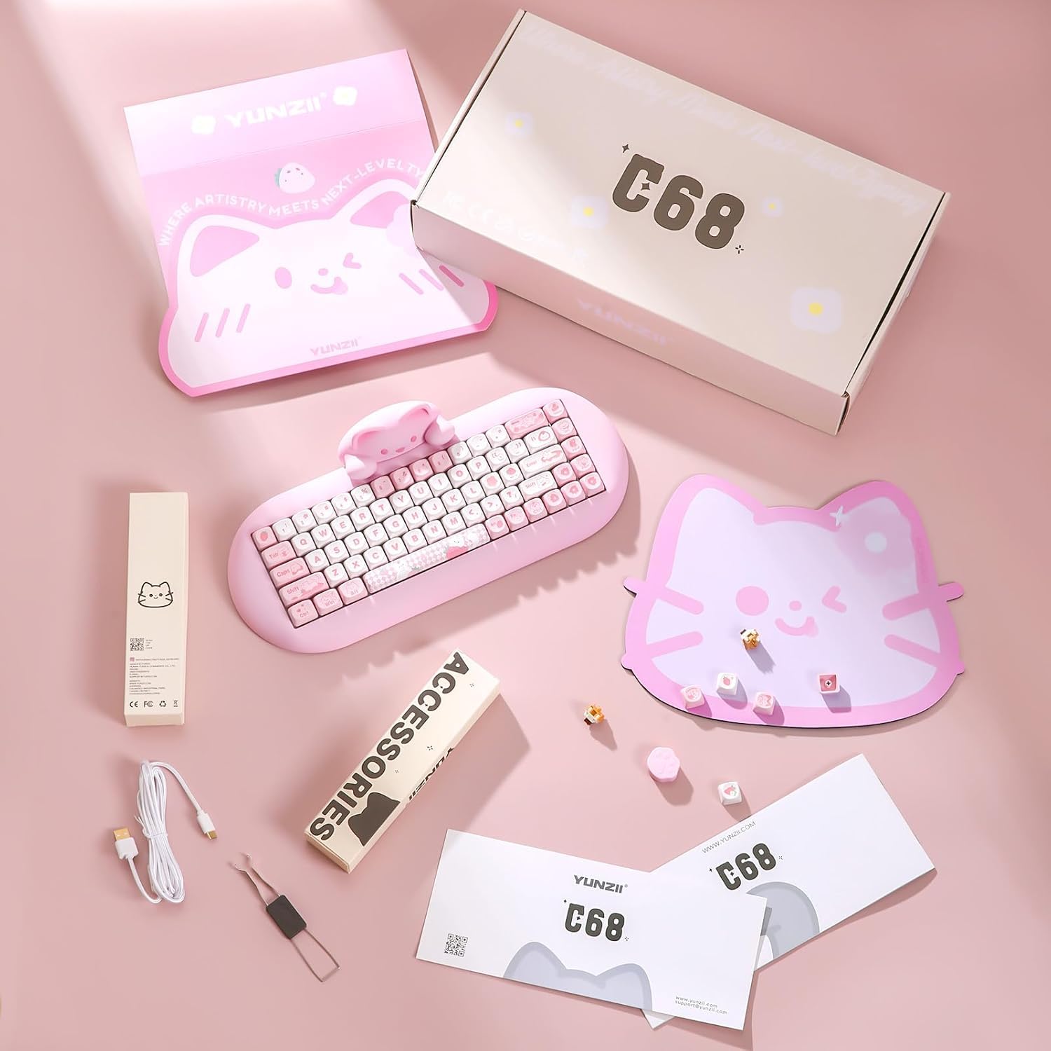 YUNZII C68 Wireless Mechanical Keyboard - 65% Compact Layout, Hot-Swappable, Triple Mode (Bluetooth 5.0/2.4G/Wired), RGB Backlit, NKRO, Ergonomic Cute Cat Silicone Design - Compatible with Windows & Mac (Pink, Milk Switch) - Perfect for Gaming, Office Work & Typing Enthusiasts