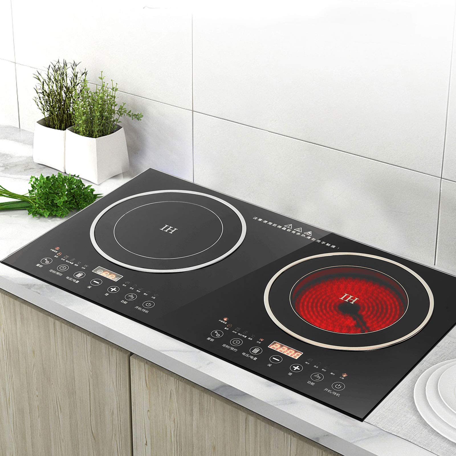 2600W Double Burner Induction Cooktop with Vitro Ceramic Glass - 1200W+1400W Electric Stove for Cast Iron Pans - Countertop Cooking with Adjustable Legs - Perfect for Home Kitchen, Dorm & RV Use
