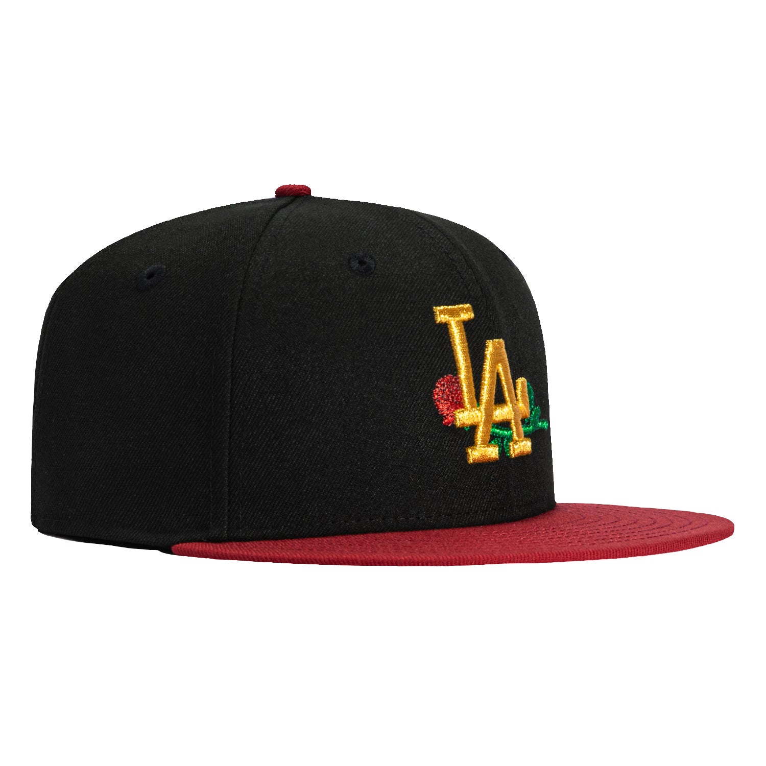 New Era 59Fifty Los Angeles Dodgers Rose Embroidered Baseball Cap - Black, Cardinal & Metallic Gold Colors | Official MLB Licensed Hat for Baseball Games & Streetwear Fashion