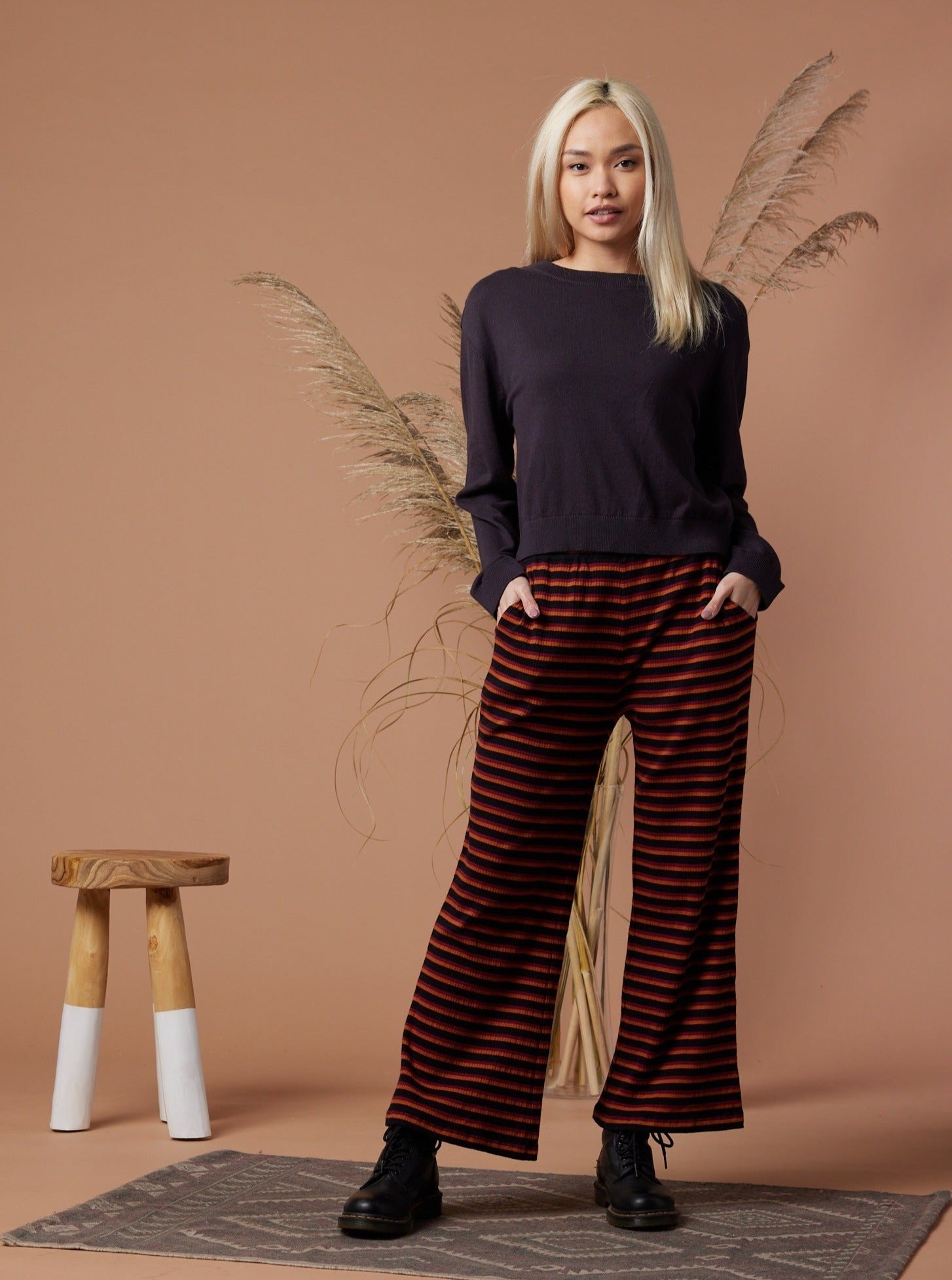 Echo Pant Women's High Waisted Wide Leg Pants - Deep Mauve Striped Casual Lounge Pants for Yoga, Travel & Everyday Wear