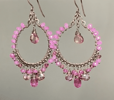 Pink Sapphire Chandelier Hoop Earrings - Oxidized Sterling Silver Jewelry for Women | Elegant Dangle Earrings for Party, Wedding & Special Occasions