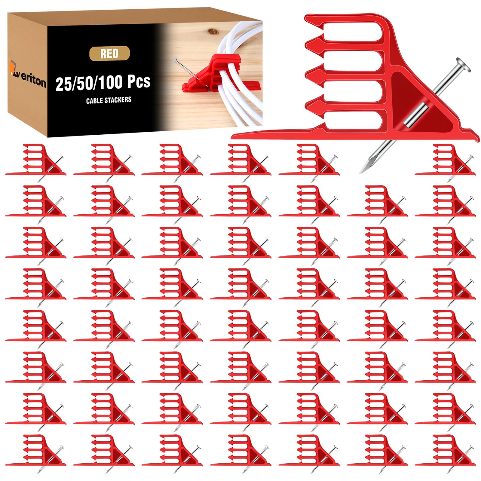 100 Pcs Insulated Cable Stackers - Heavy Duty Electrical Wire Staples for Cordless Hammer, Efficient Cable Management & Organization (Red) - Perfect for Home, Office & Workshop Electrical Wiring Projects