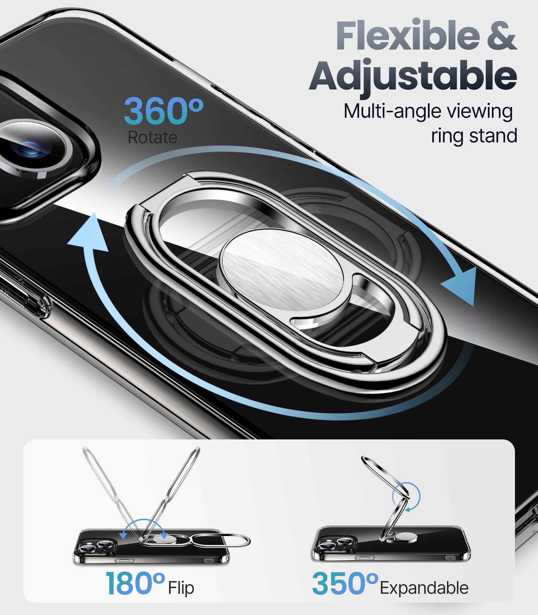 Shockproof Clear iPhone 14 Case with Adjustable Stand & Foldable Ring Holder - Protective 6.1 Inch Phone Cover for iPhone 14 | Perfect for Hands-Free Viewing, Video Calls & Daily Protection