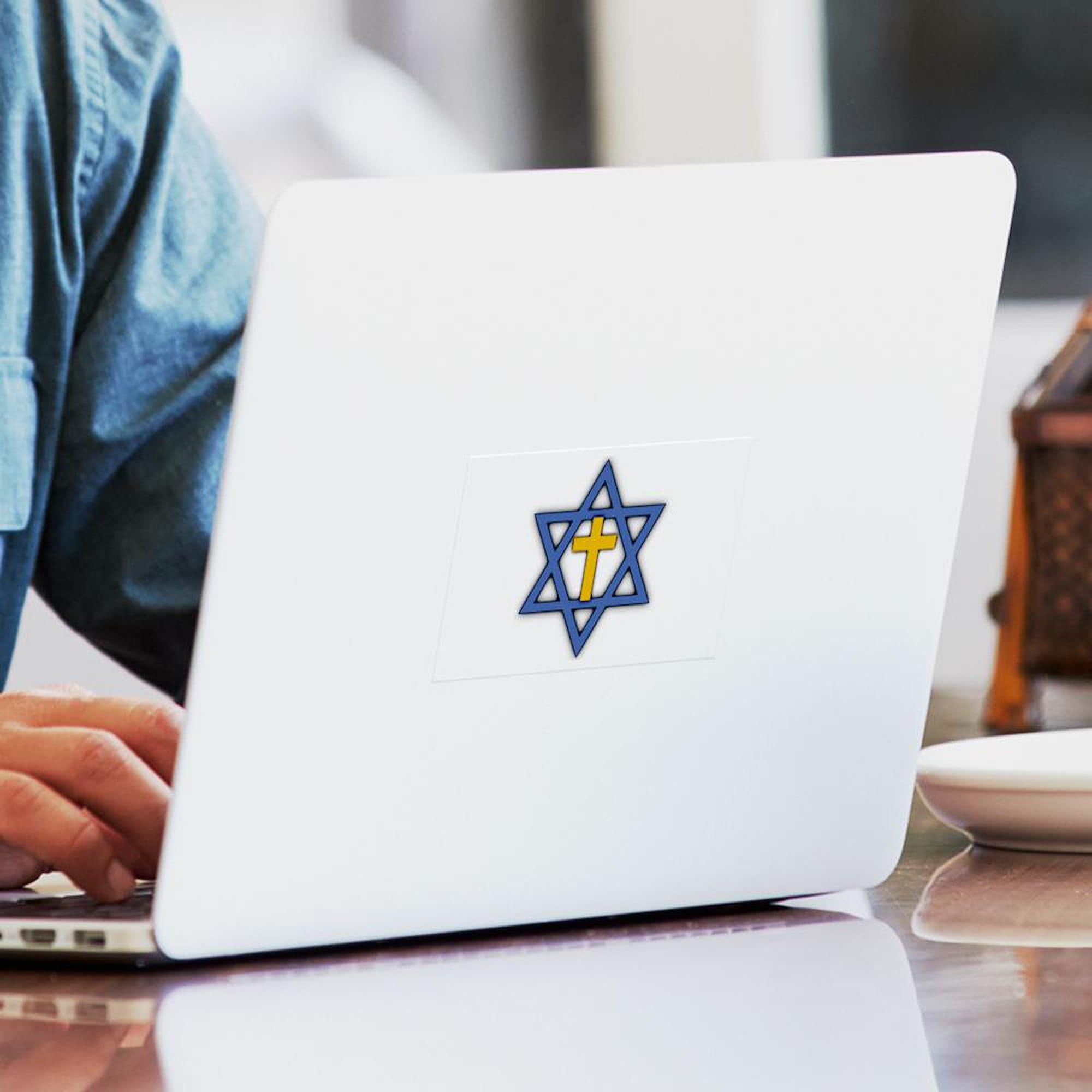Star of David with Cross Sticker - Durable Rectangle Bumper Decal for Cars, Windows & Laptops - Religious Car Sticker for Jewish-Christian Faith Expression
