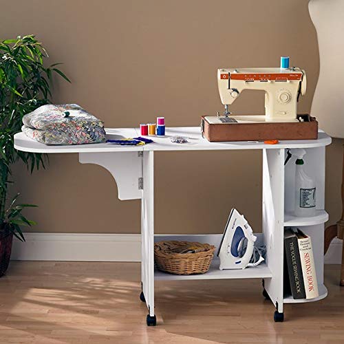 Portable White Folding Sewing Machine Table with Wheels - Extendable MDF Craft Table for Quilting, Dressmaking & DIY Projects - Perfect for Small Spaces & Mobile Crafting