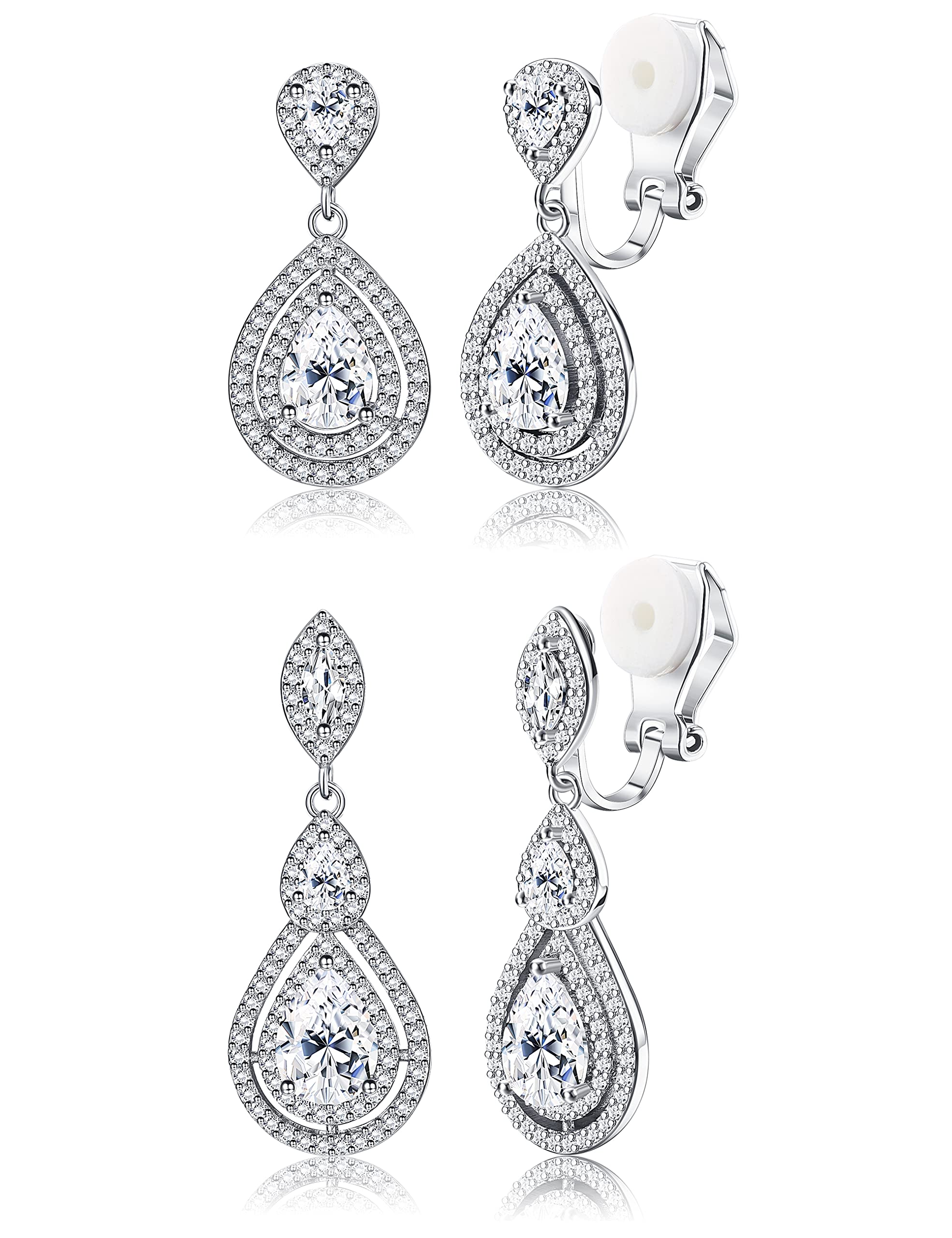 CZ Teardrop Clip-On Earrings for Women - Bridal Wedding Prom - Crystal Rhinestone Pear Dangles