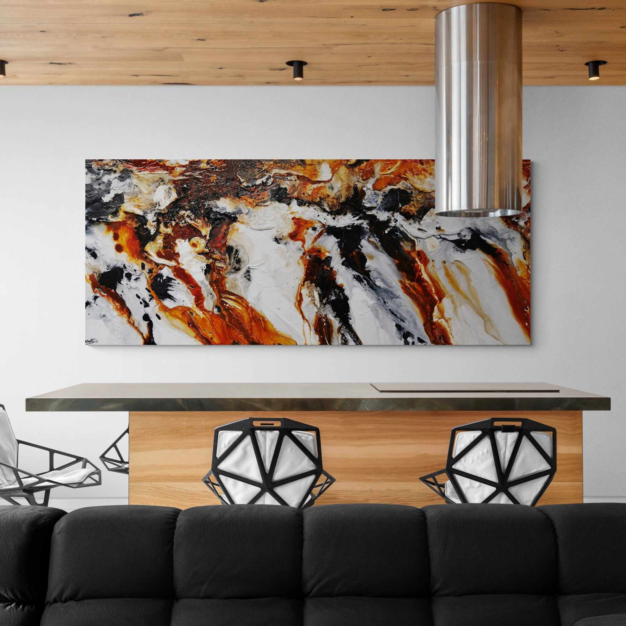 240cm x 100cm Rust Black White Textured Abstract Painting - Granite & Rust Inspired Wall Art for Modern Living Room & Office Decor