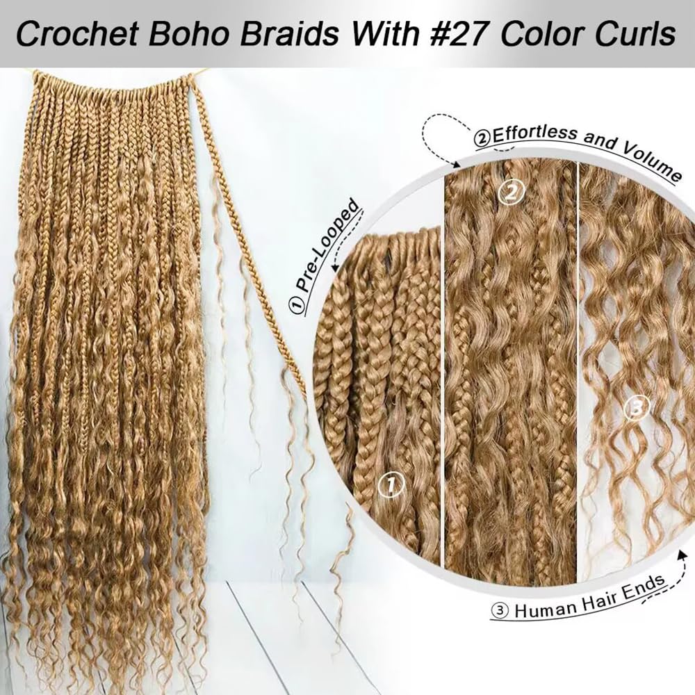 Honey Blonde #27 Crochet Boho Braids with Human Hair Curls - 24 Inch Pre-looped Box Braids with Curly Ends (80 Strands) - Perfect for Boho Chic, Festival, and Everyday Protective Hairstyles