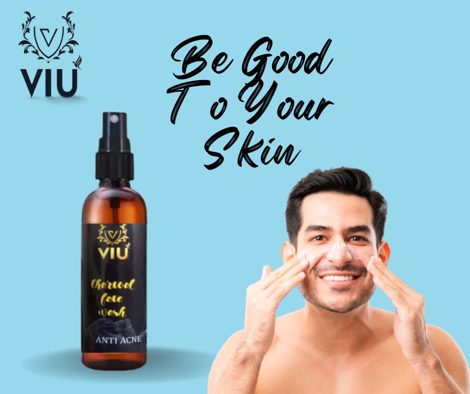 VIU Naturals Charcoal Face Wash for Men - Organic Activated Charcoal Cleanser | Fights Acne, Brightens Skin, Protects from Pollution (100ml) | Perfect for Daily Skincare Routine & Gym Recovery