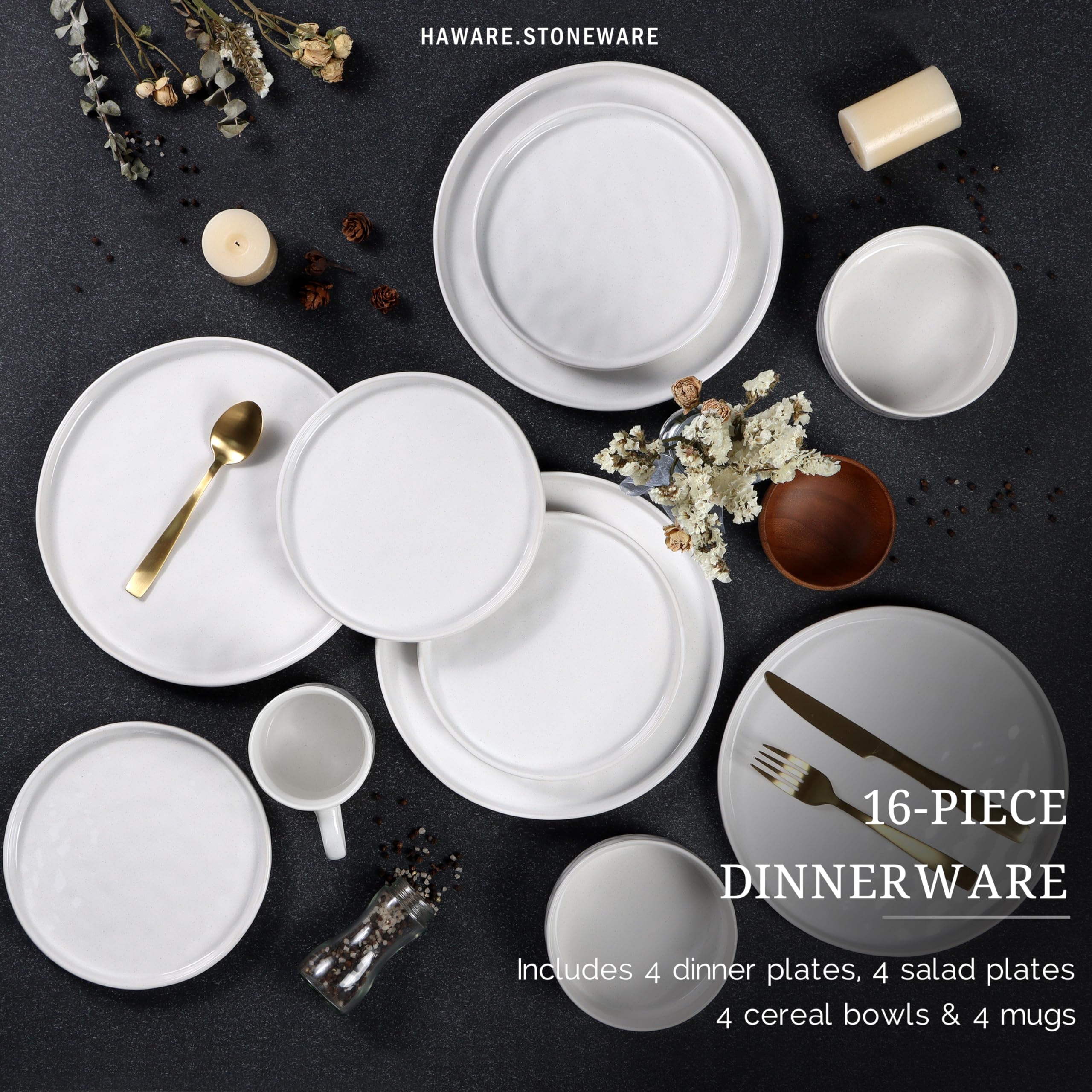 HaWare 16-Piece Stoneware Dinnerware Set - Elegant Ceramic Plates & Bowls for 4 - Chip/Scratch Resistant - Microwave & Dishwasher Safe - Speckled White Tableware - Perfect for Family Dinners, Parties & Restaurant Use