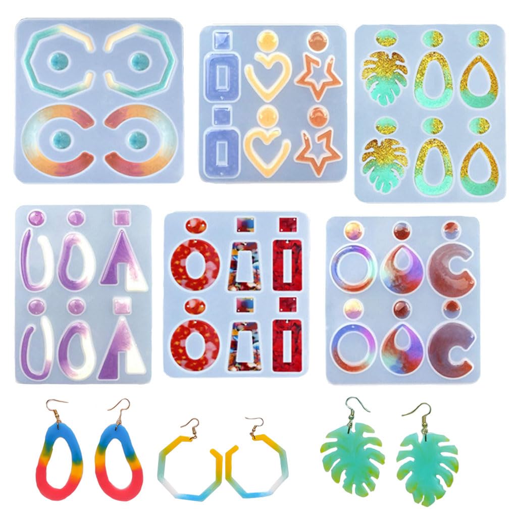 FineInno 6 PCS Resin Earring Molds Set - Oval, Round, Star Silicone Jewelry Molds for DIY Resin Casting, Epoxy Pendant & Charm Making with Pre-Drilled Holes | Perfect for Handmade Earrings, Necklaces & Craft Projects