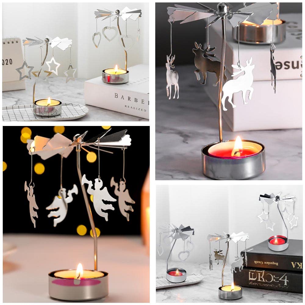 RETON 2-Pack Metal Spinning Candle Holder Carousel - Rotating Tea Light Stand for Home Decor, Wedding, Christmas & Holiday Decoration - Includes 8 Tealight Candles (Deer & Angel Design) - Perfect for Romantic Dinners, Party Centerpieces & Cozy Ambiance