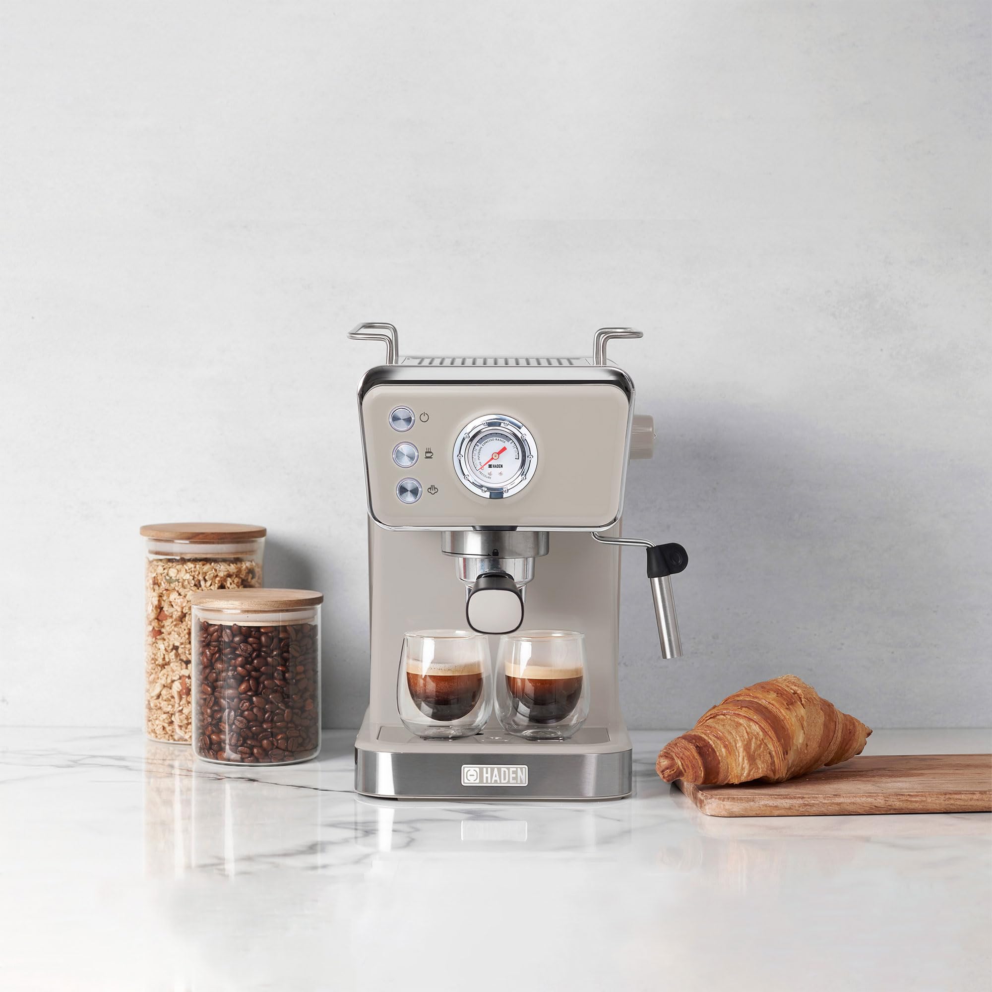 HADEN Barista Brew Espresso Coffee Machine - Stainless Steel Espresso Maker with Milk Frother, Steamer & 1.5L Water Tank (Putty & Copper) - Perfect for Home Baristas, Coffee Shops & Office Break Rooms