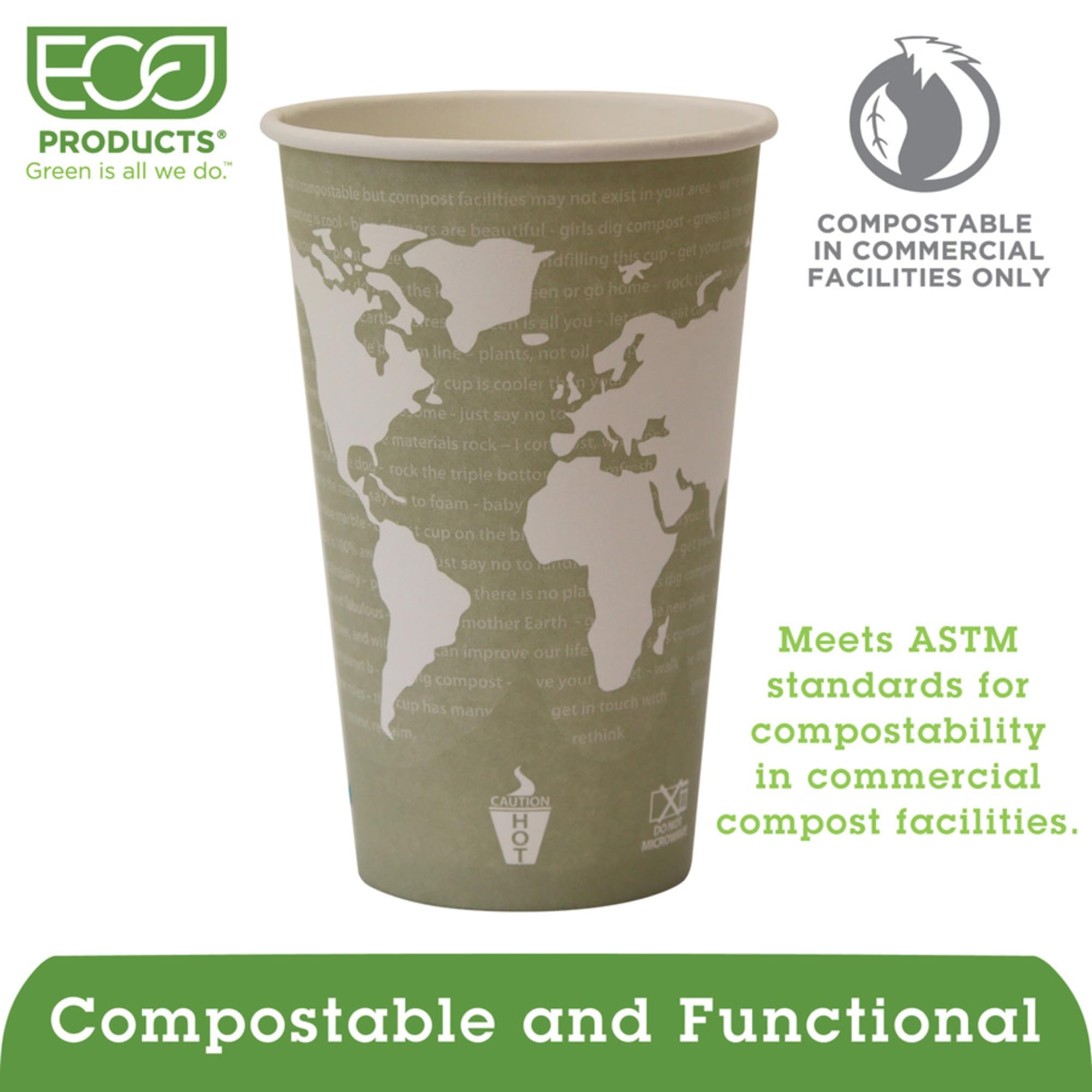 Eco-Friendly 16 Oz Hot Beverage Cups - Biodegradable & Compostable Green Coffee Cups, Case of 1000 - Perfect for Coffee Shops, Offices & Eco-Conscious Events