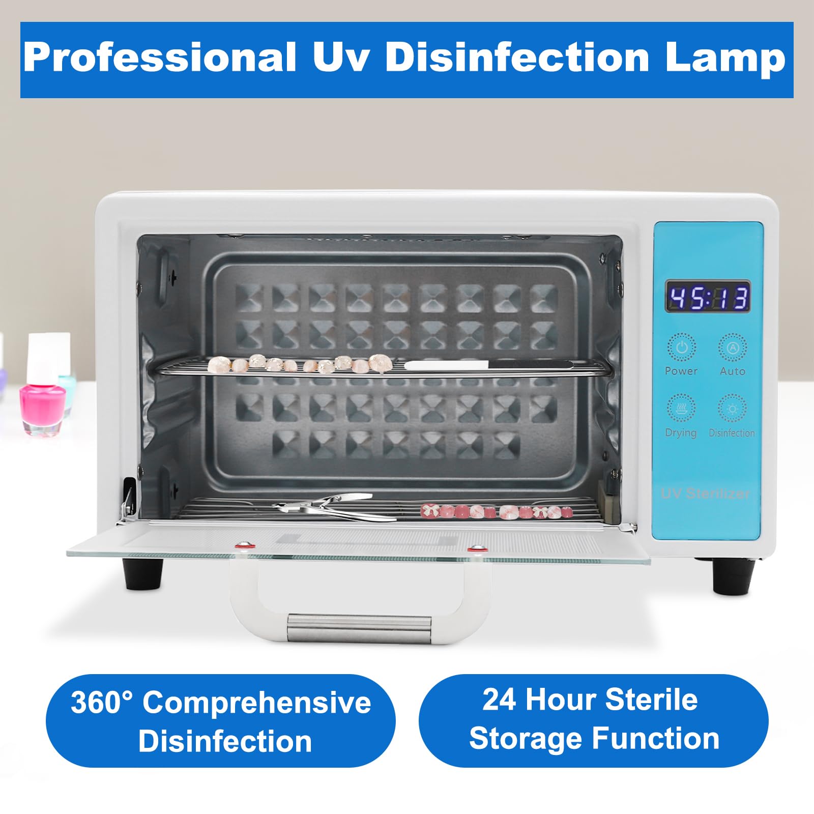Professional 10L UV & 167℉ Hot Air Nail Tool Sterilizer - Multifunctional Cleaning Machine with Adjustable Tiers & LED Display for Salon, Spa, Hair & Nail Tools (Blue) | Perfect for Sanitizing Manicure, Pedicure & Beauty Equipment in Salons, Spas & Home Use