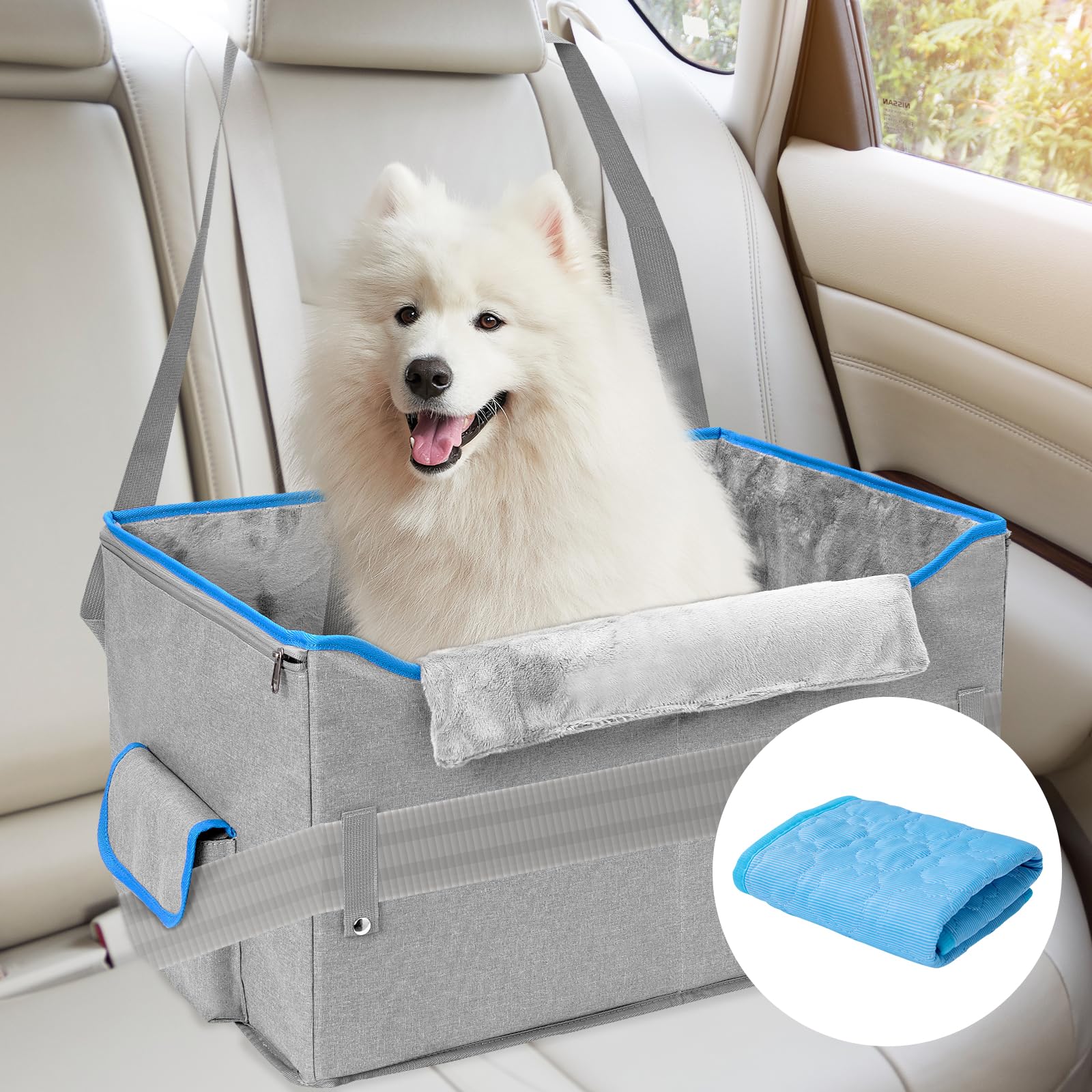 **Elevated Dog Car Seat for Medium & Small Dogs - Memory Foam Booster Seat with Clip-On Leash, Detachable & Portable for Travel - Perfect for SUV, Sedan & Road Trips (Blue)**    *(Ideal for Safe & Comfortable Car Rides, Vet Visits, and Family Outings with Your Pet)*