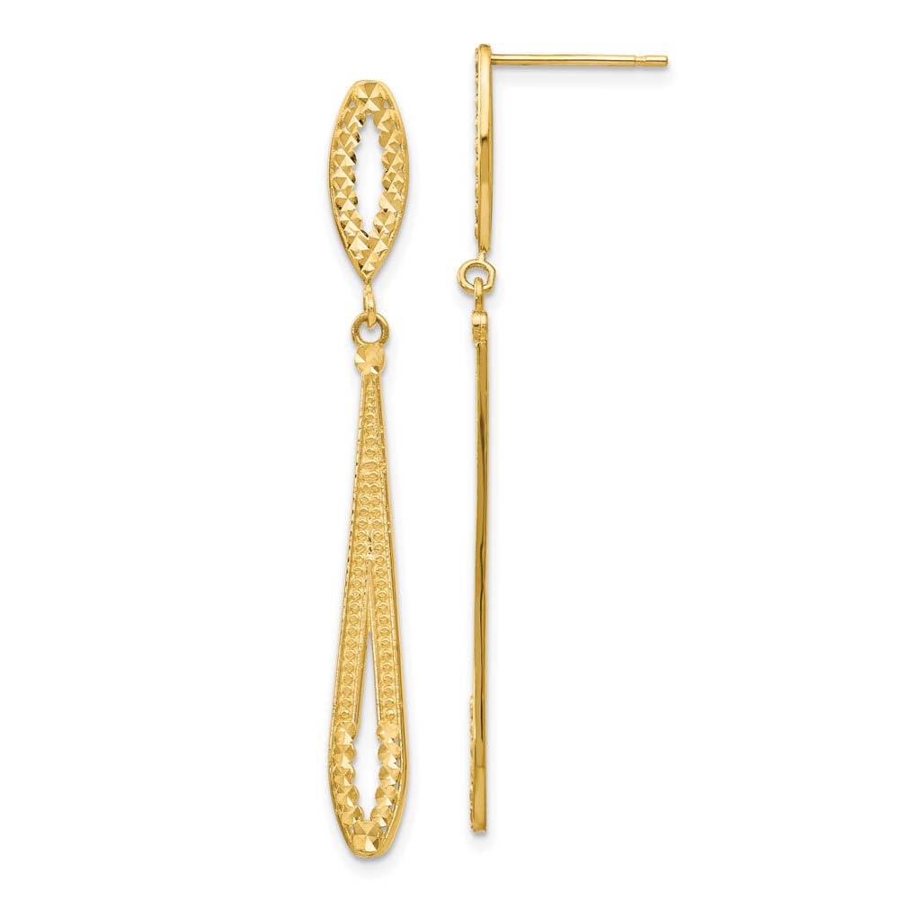 14k Yellow Gold Black Bow Long Textured Diamond-cut Dangle Post Earrings for Elegant Evening Events
