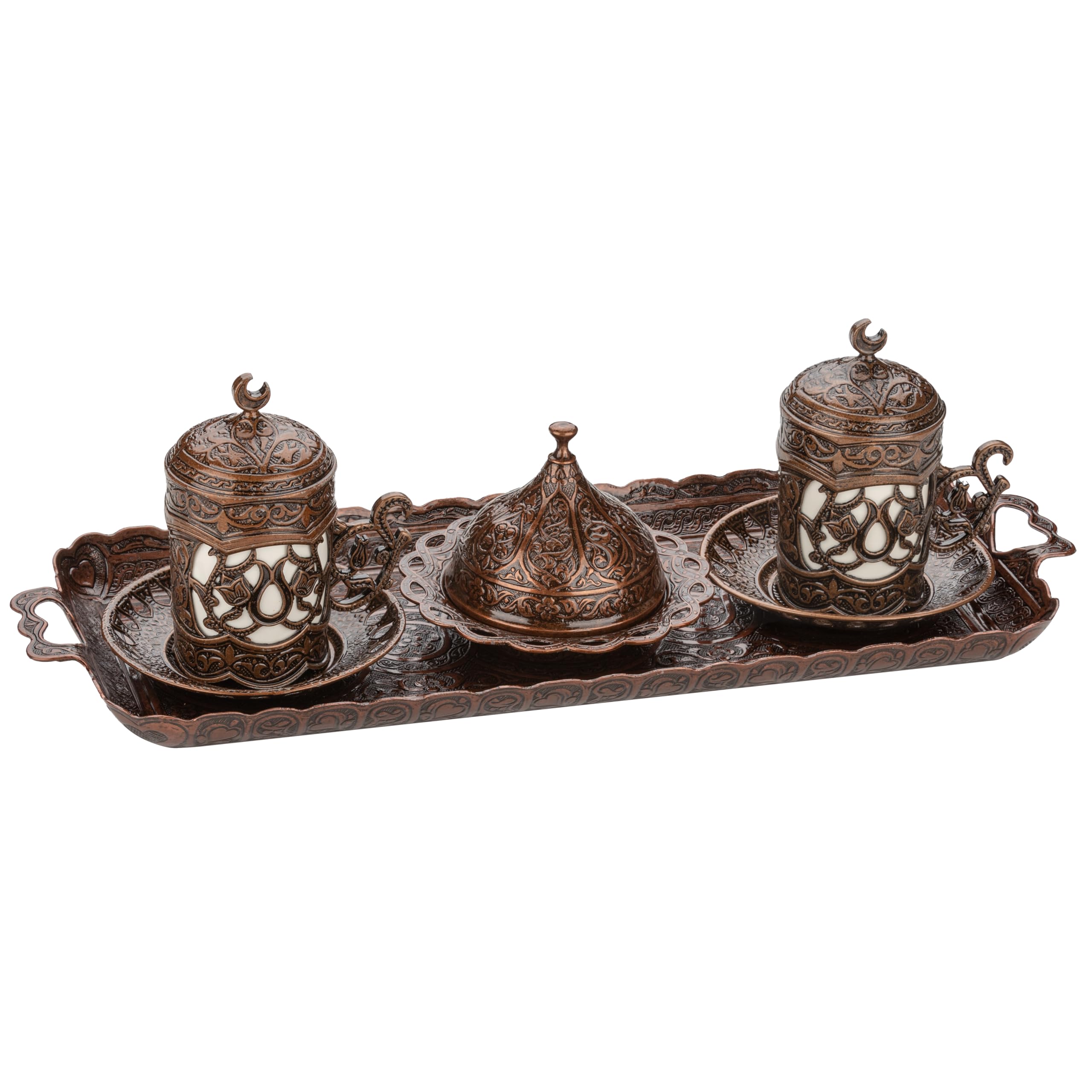 Premium Ottoman Turkish Greek Arabic Espresso Coffee Cups with Saucer & Lid - 2-Piece Set, Hilal Design, Copper Finish - Perfect for Turkish Coffee, Home Decor & Gift Giving