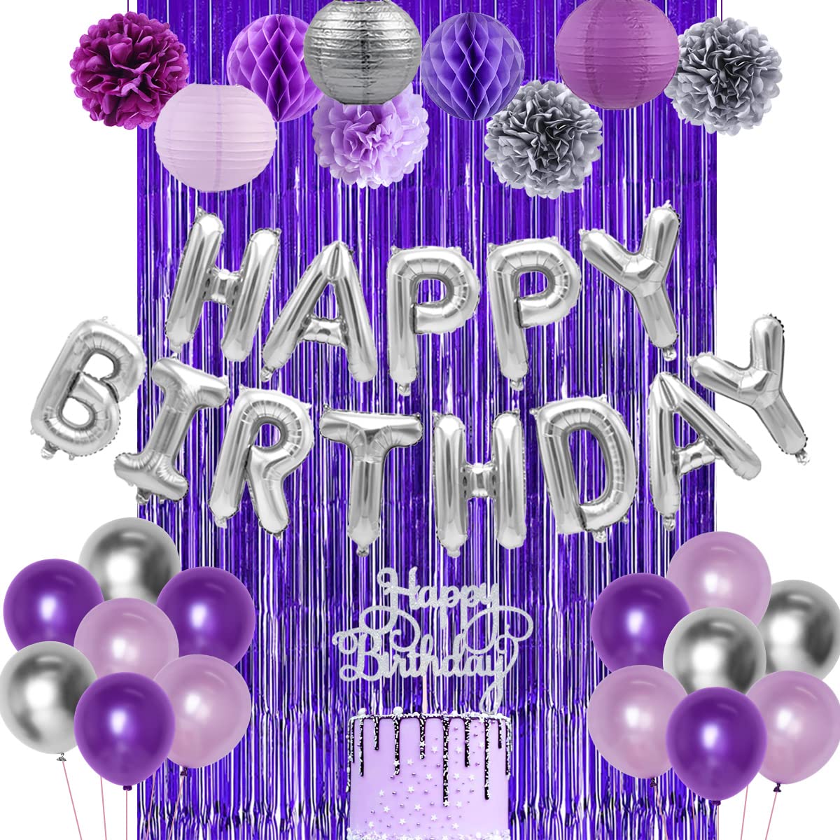 Purple & Silver Birthday Party Decorations Set - Happy Birthday Balloons, Banner, Cake Topper & Fringe Curtain - 21st/30th/40th Birthday Party Supplies for Women & Girls - Perfect for Milestone Birthdays, Photo Backdrops & Celebration Decor