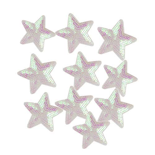 10 Pack Shiny 5-Star Iron-On Sewing Patches - Embroidered Applique Sequins for DIY Crafts, Costumes & Clothing Decoration (White) - Perfect for Jackets, Jeans, Bags & Scrapbooking