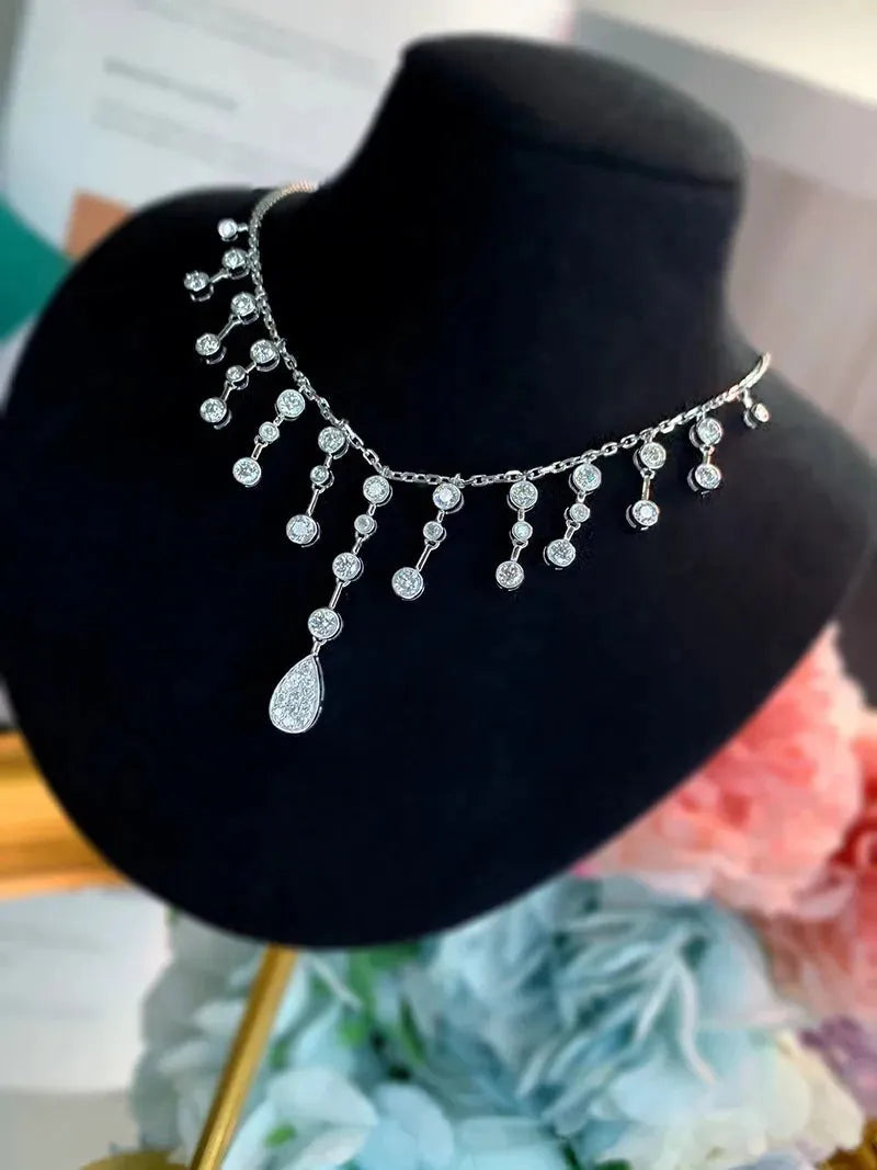 18K White Gold Tassel Necklace with Real Natural Diamond Pendant - Luxury Women's Jewelry for Parties, Weddings & Special Occasions