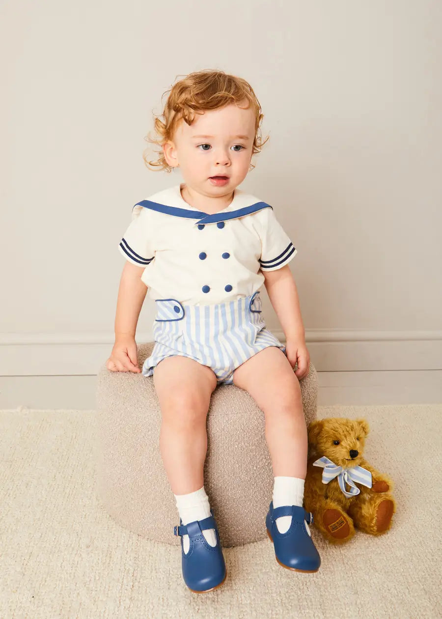 Blue Regency Stripe Mariner Collar Two-Piece Set with Bloomers for Baby Girls 6 Months to 3 Years | Vintage-Inspired Outfit for Photoshoots, Parties & Special Occasions