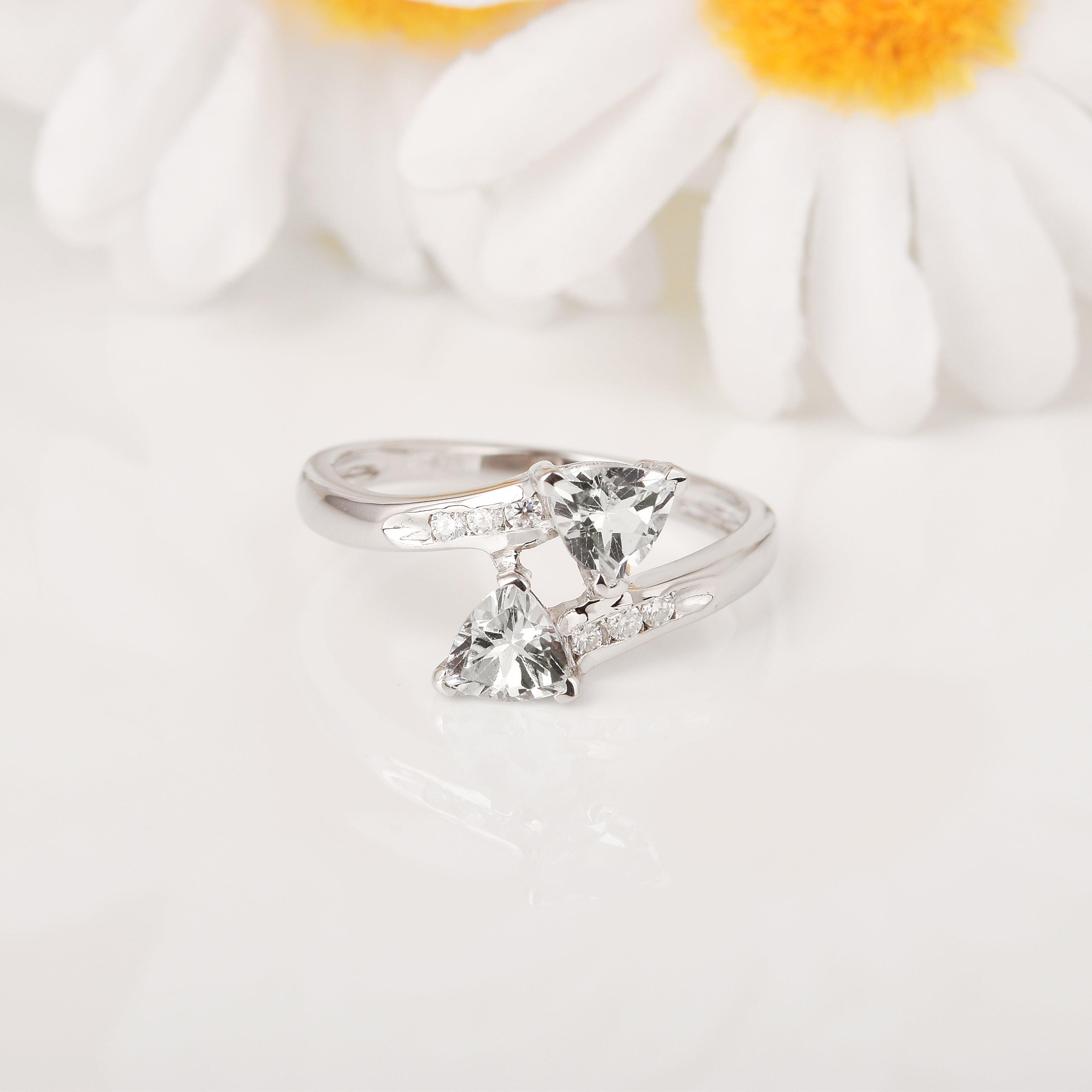 Trillion Cut Aquamarine and Diamond Dual Stone Ring – Elegant Jewelry for Women, Perfect for Weddings, Anniversaries & Special Occasions
