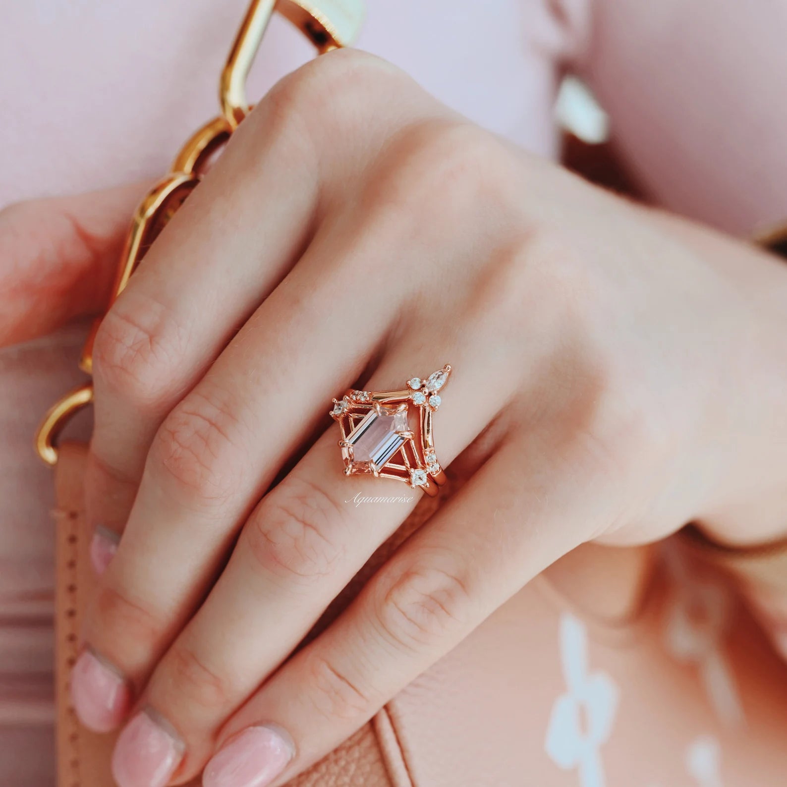 Celtic Hexagon Morganite Couples Ring - Elegant Wedding Band for Her & Him, Promise & Anniversary Jewelry Gift - Perfect for Engagements, Valentine's Day & Romantic Occasions