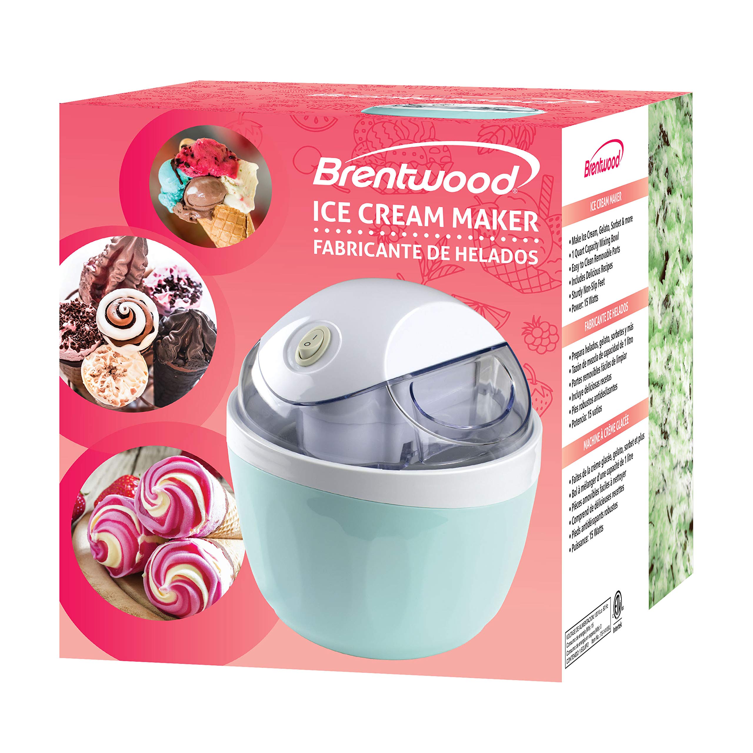 Brentwood TS-1410BL 1 Quart Electric Ice Cream Maker - Make Homemade Ice Cream, Sorbet, Frozen Yogurt, Gelato & Custard - Compact & Easy to Use - Perfect for Parties, Family Gatherings & Summer Treats (Blue)