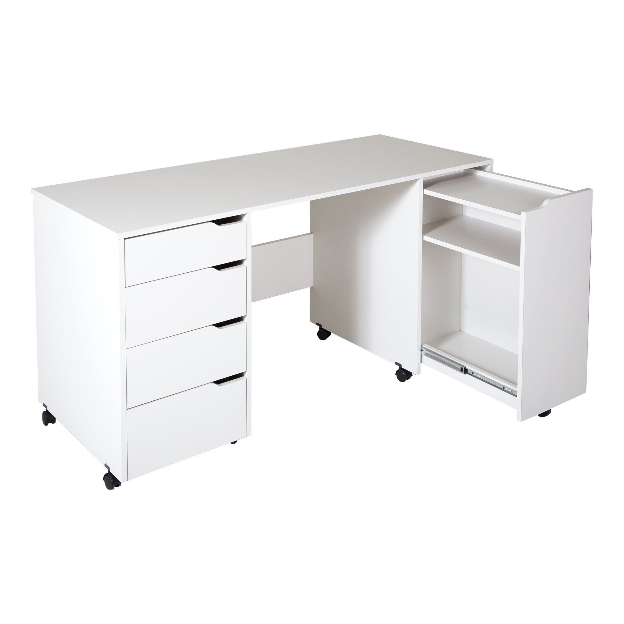 South Shore Crea Mobile Craft Table with Sliding Shelf & Storage Drawers - Scratch-Resistant White Surface | Perfect for DIY Projects, Home Office & Creative Workspaces