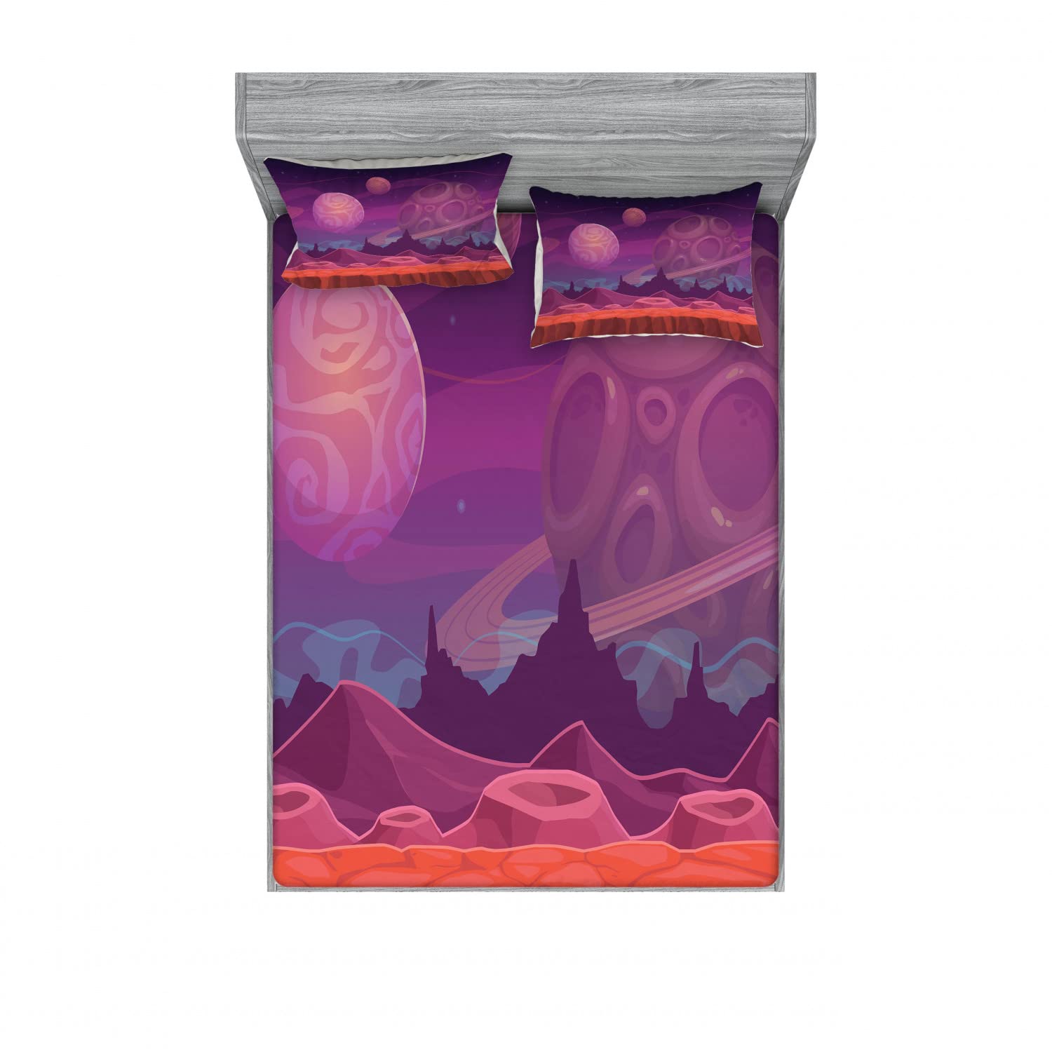 Ambesonne 2-Piece Queen Size Fitted Sheet Set with 4 Pillow Shams - Dreamy Alien Landscape Print in Purple & Vermilion | Sci-Fi Themed Bedding for Teens & Adults | Perfect for Space-Themed Bedrooms, Dorm Decor, and Gift Ideas