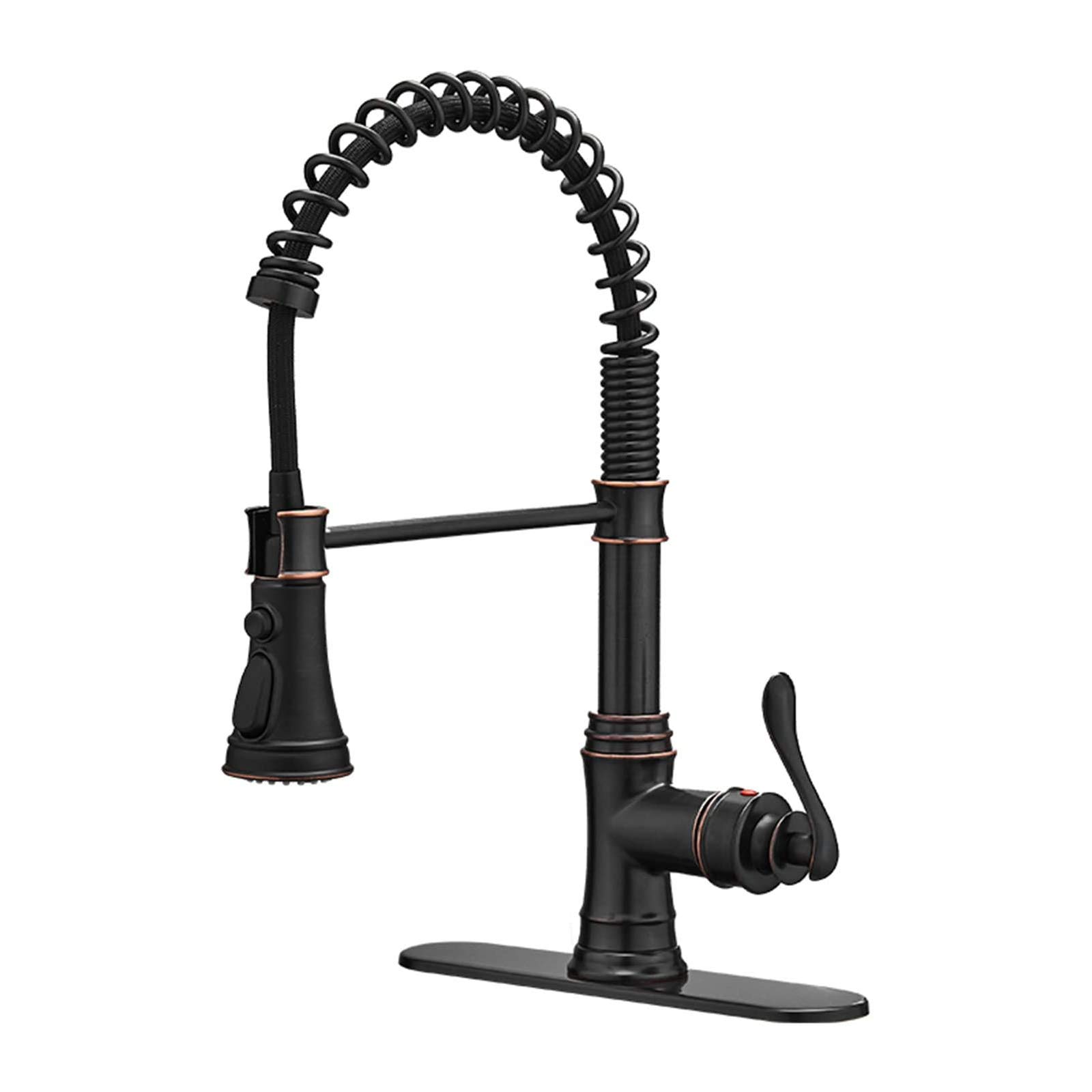 BWE High Arc Single Handle Pull Down Kitchen Faucet with Deck Plate - 3 Function Sprayer Spring, Oil Rubbed Bronze Finish - Perfect for Farmhouse, Commercial & Bar Sinks