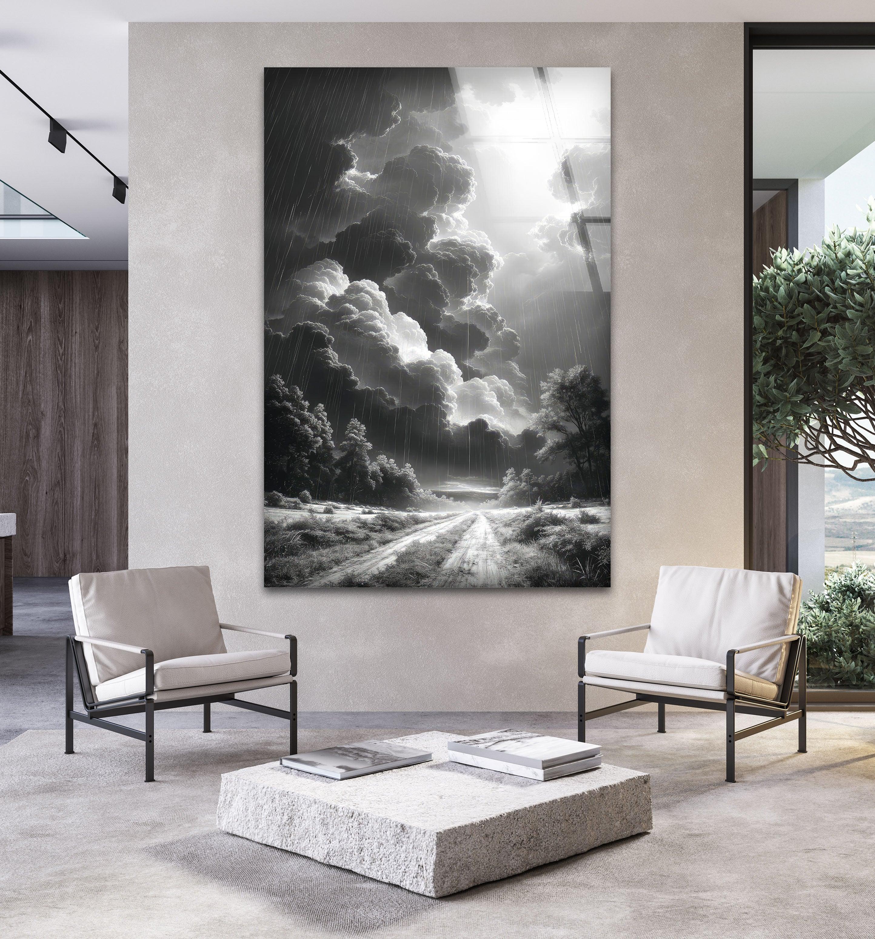 Black and White Storm Glass Wall Art - Dramatic Rainy Landscape Painting for Home & Office Decor - Perfect for Living Room, Bedroom, or Office Wall Decor
