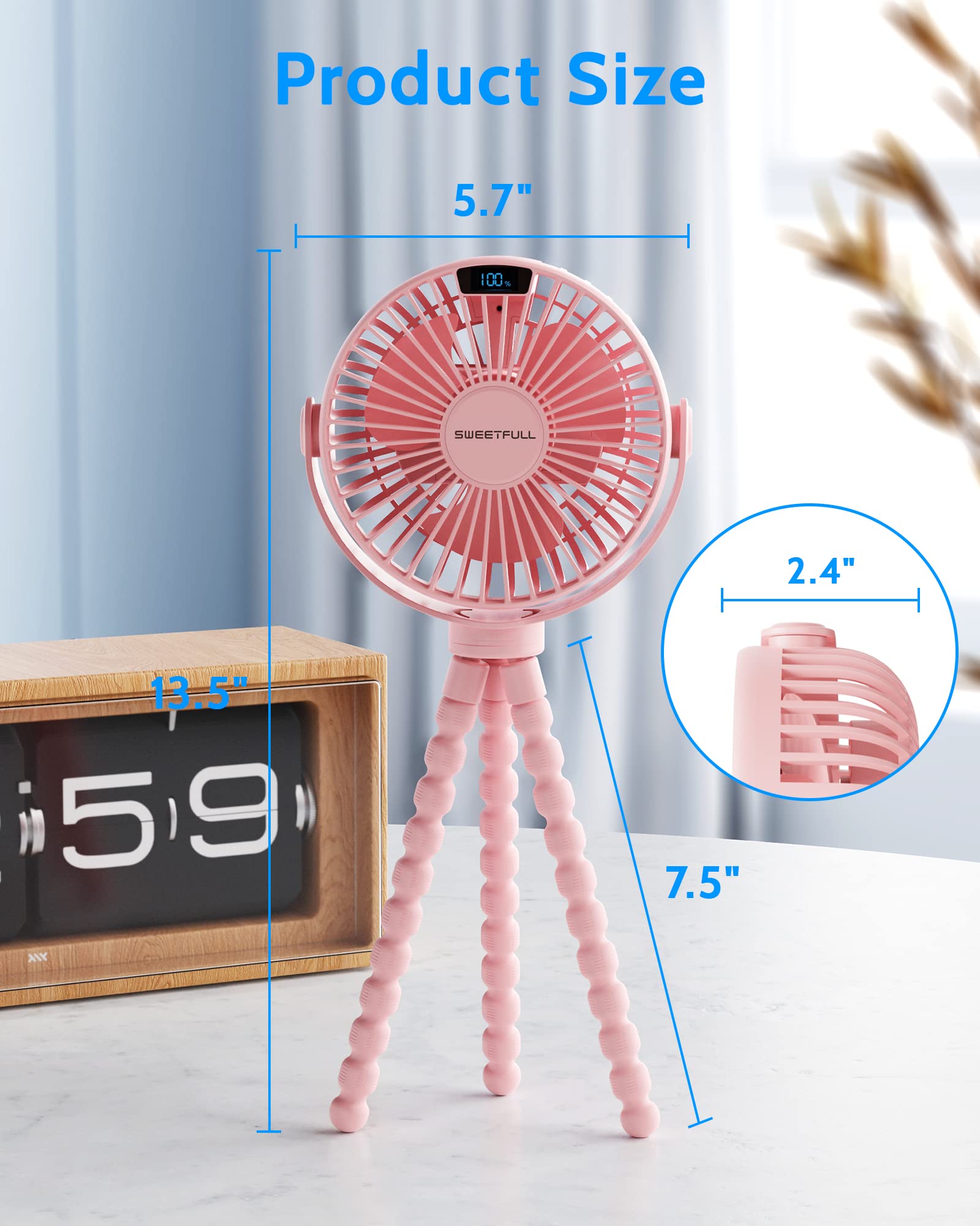 SWEETFULL Portable Stroller Fan with LED Display - 4000mAh Rechargeable Battery, 4 Speed Mini Clip Fan - Handheld Personal Cooling Fan for Baby Stroller, Car Seat, Crib, Office Desk, Treadmill & Travel - Pink (Ideal for Outdoor Activities, Home & Office Use)
