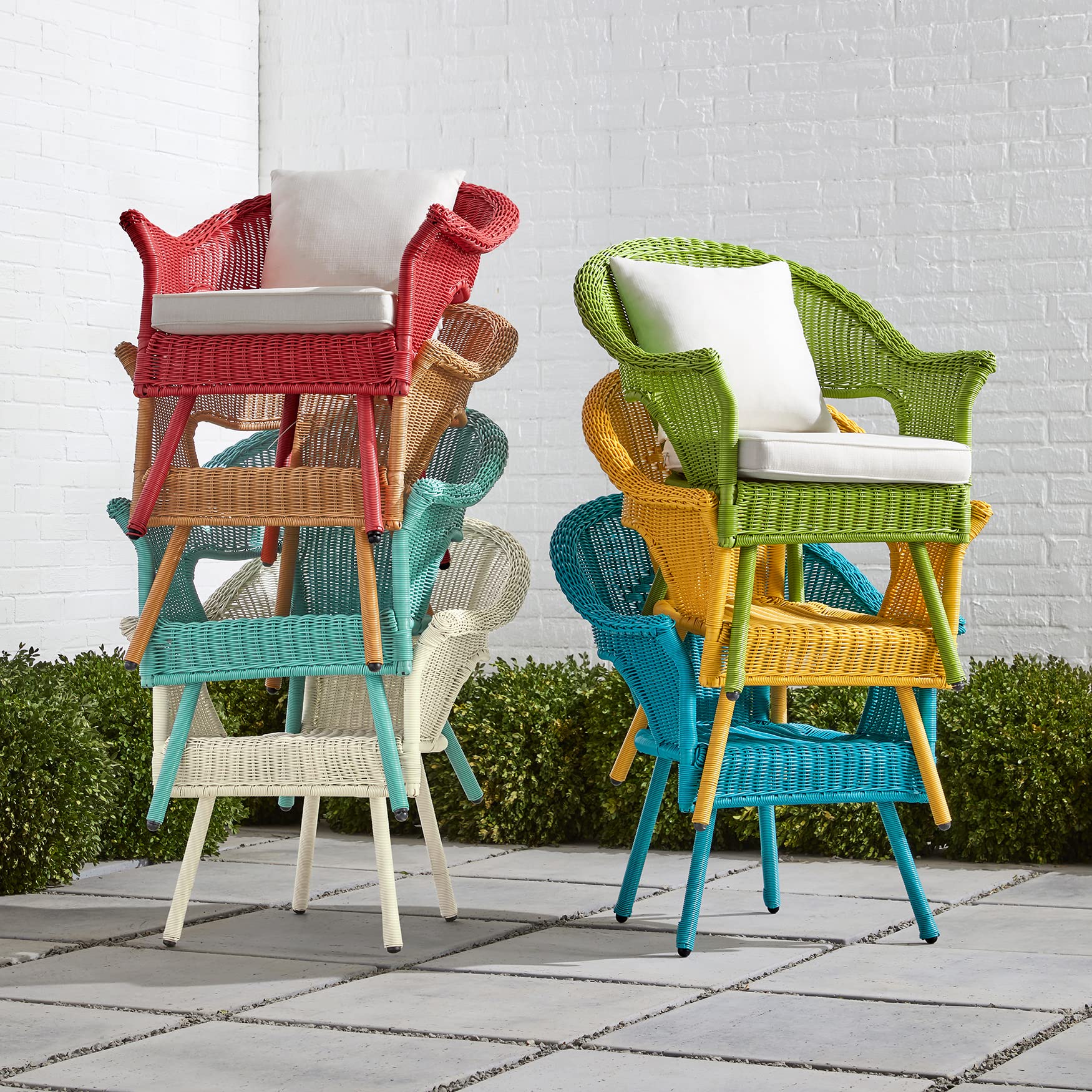 BrylaneHome Outdoor Weather Resistant Roma Hand-Woven Resin Wicker Stacking Chair with Free Seat & Back Cushions - 250 lb Capacity, White - Perfect for Patio, Deck, Backyard, Garden & Poolside Relaxation