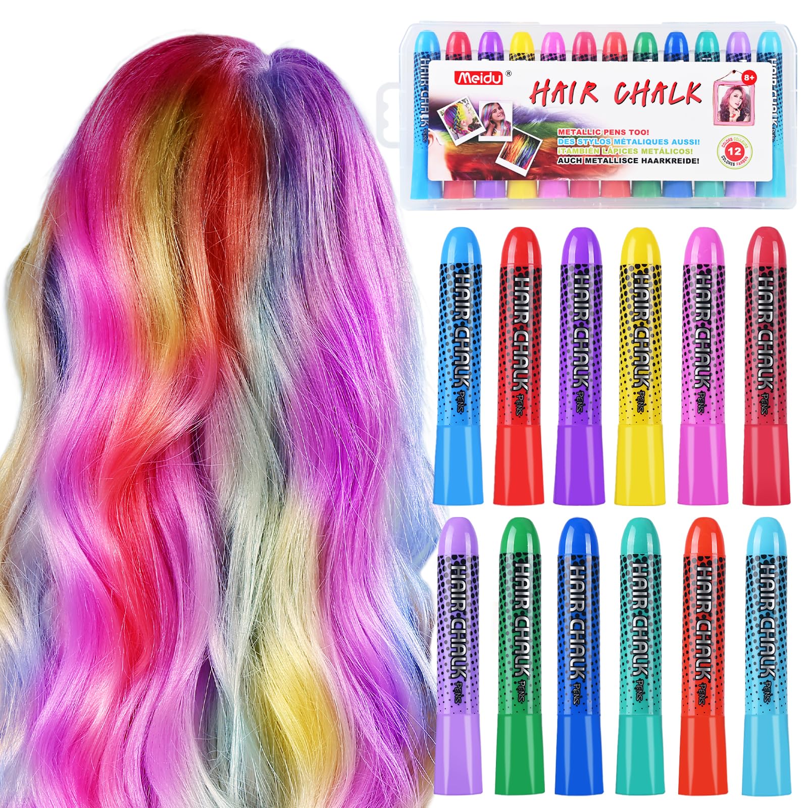 12-Color Washable Hair Chalk for Girls - Dustless Temporary Hair Dye for Dark Hair, Non-Toxic Hair Chalk Markers for Kids Age 5-13 - Perfect Gift for Christmas, Birthday & Parties - Fun for Halloween, Costume Parties & Playdates