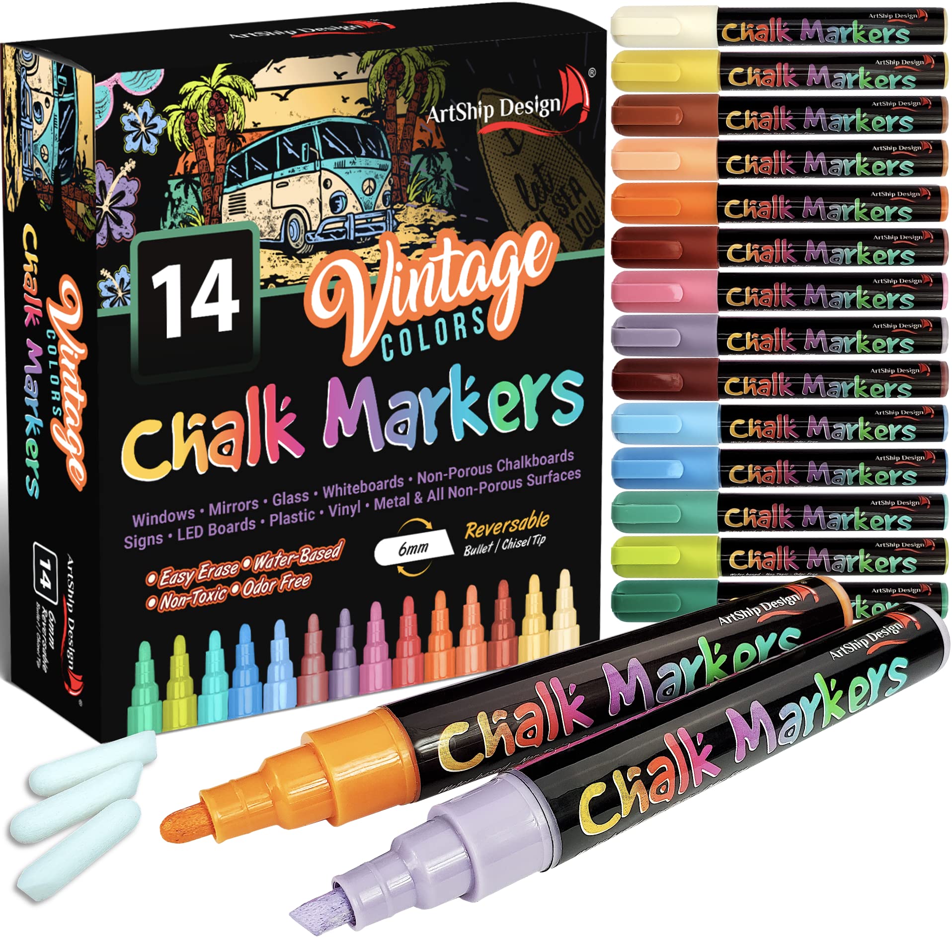 ArtShip Design 14 Vintage Colors Chalk Markers - Reversible Medium Tip Liquid Chalk Pens for Menu Boards, Glass, Windows, Whiteboards - Wet Erasable & Non-Toxic - Perfect for Restaurants, Cafes, Classrooms & DIY Projects