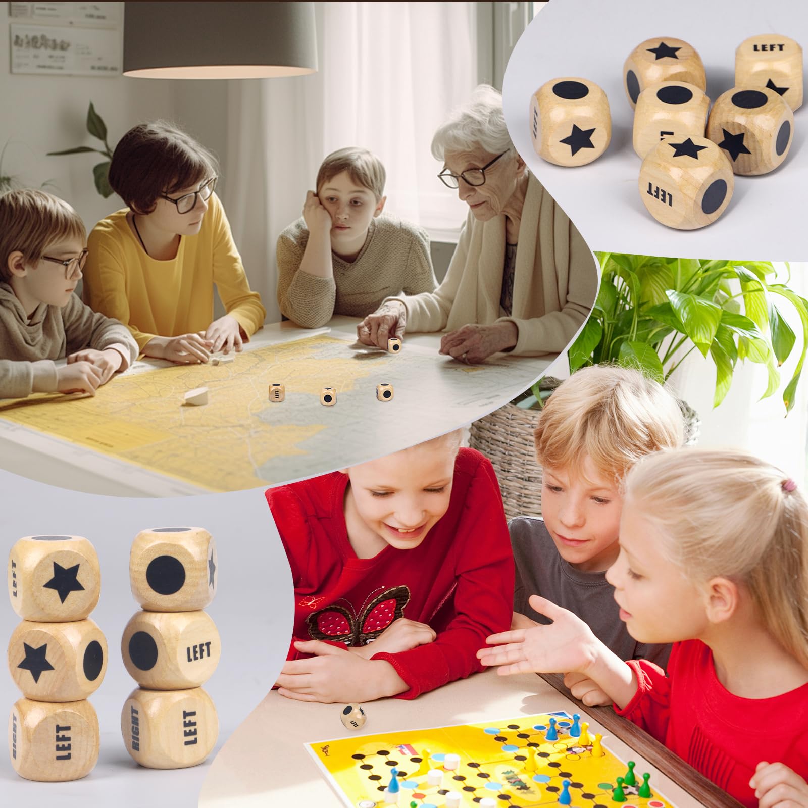6Pcs Left Right Center Dice Game Set - 1.2 Inch Wooden LCR Dice with Carry Bag for Family Game Night, Camping, Travel & Parties (Indoor/Outdoor Use)