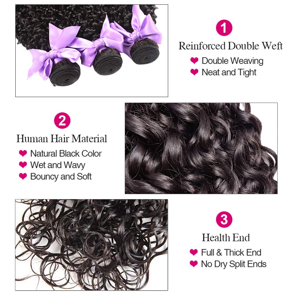 8A Brazilian Virgin Human Hair Ocean Wave Bundles with Lace Closure - 3 Unprocessed Curly Bundles (28