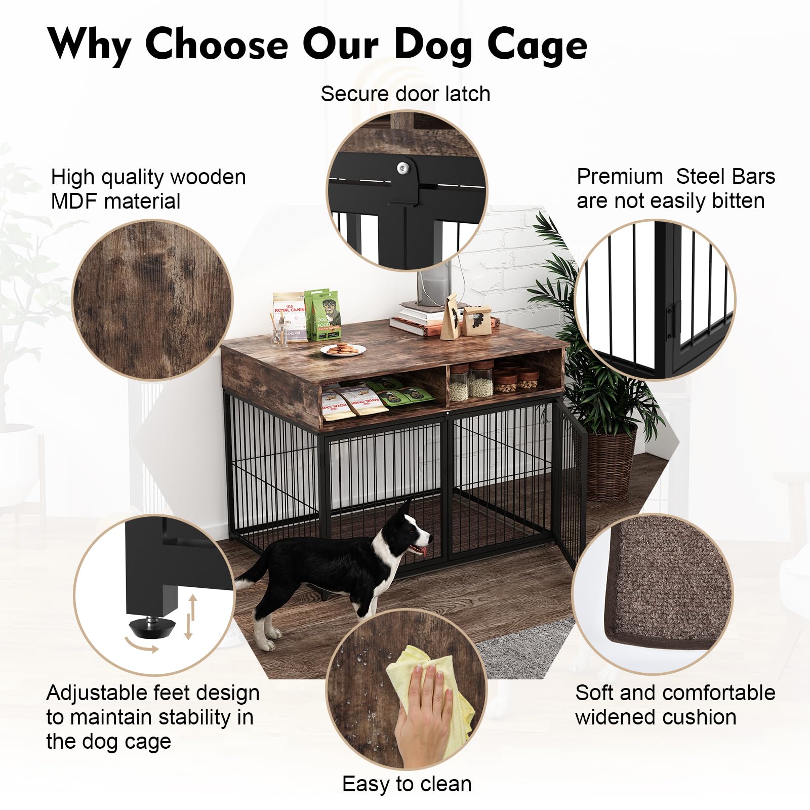 Stylish Wooden Dog Crate Furniture with Removable Cushion - Double Door Design Indoor Dog Kennel & End Table - Perfect for Living Room, Bedroom or Office Pet House
